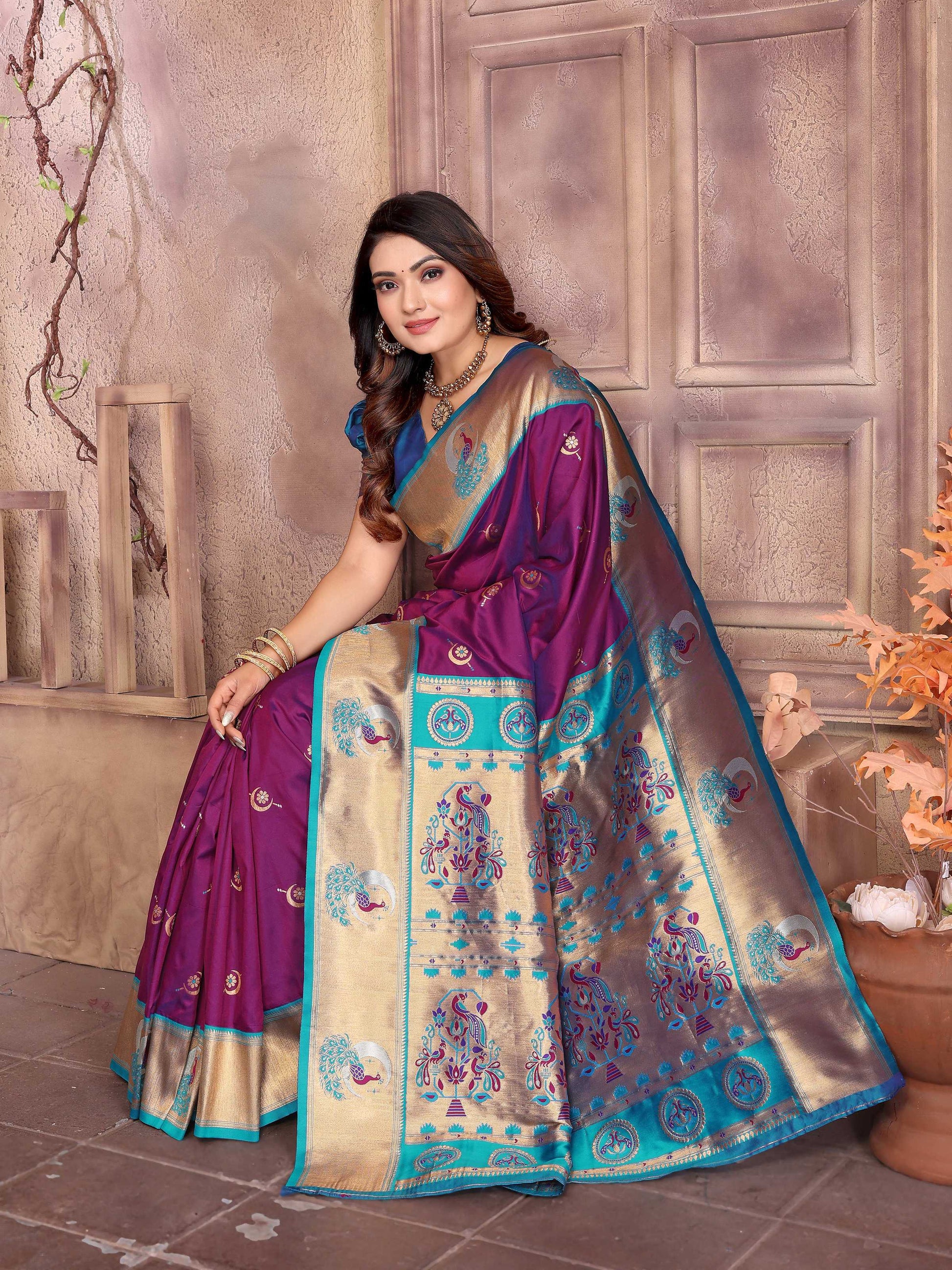 Sonakshi Women's Purple Paithani Silk Zari Woven Traditional Saree with Blouse