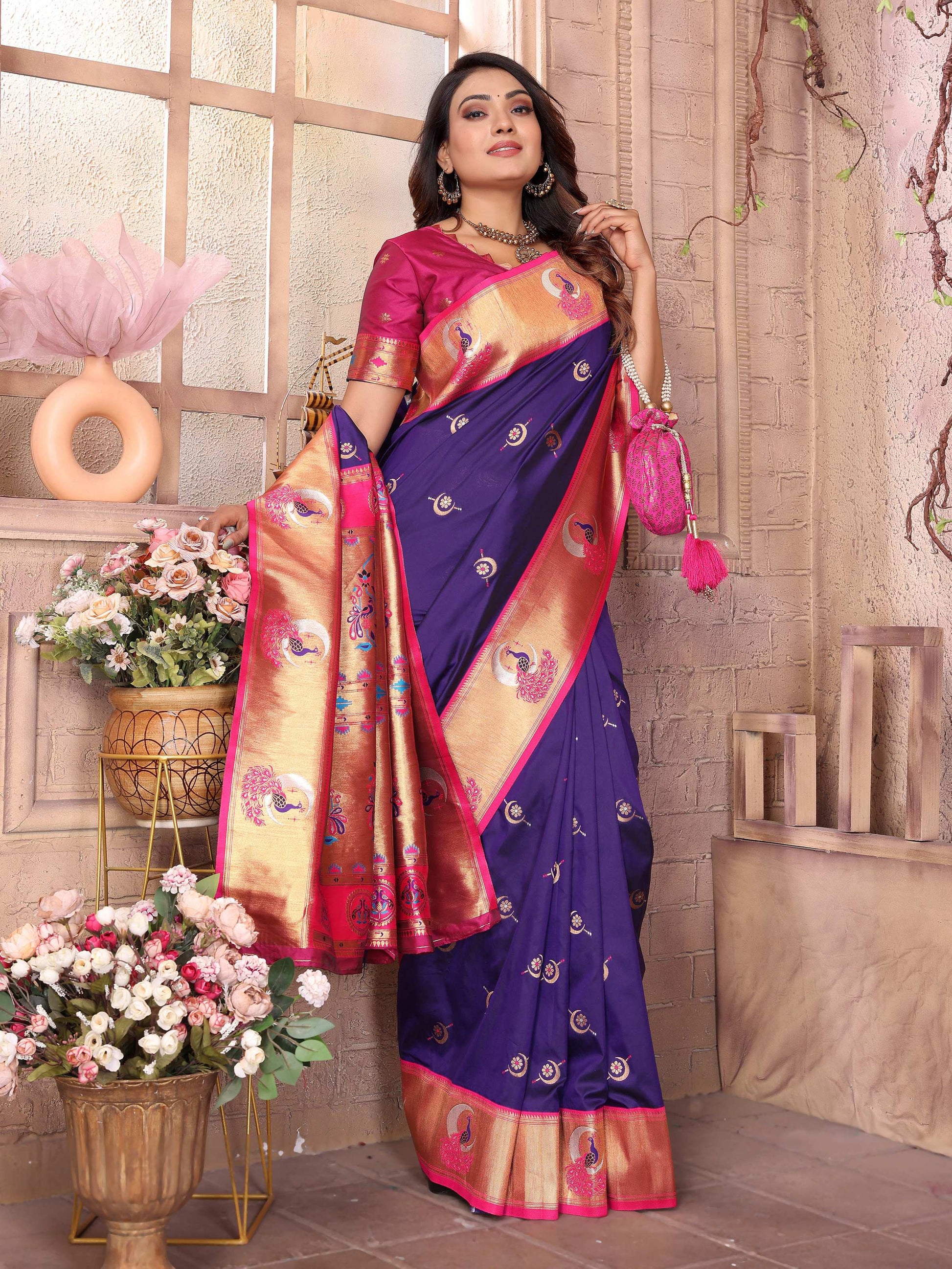 Sonakshi Women's Blue Paithani Silk Zari Woven Traditional Saree with Blouse