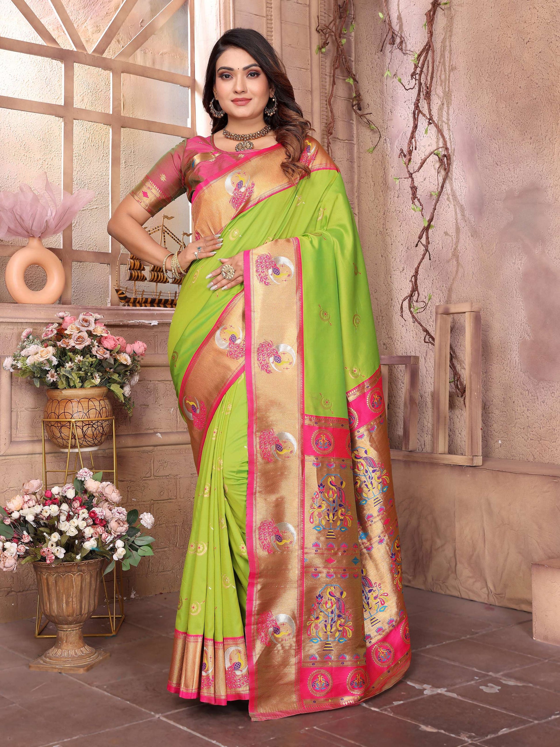 Sonakshi Women's Pista Green Paithani Silk Zari Woven Traditional Saree with Blouse