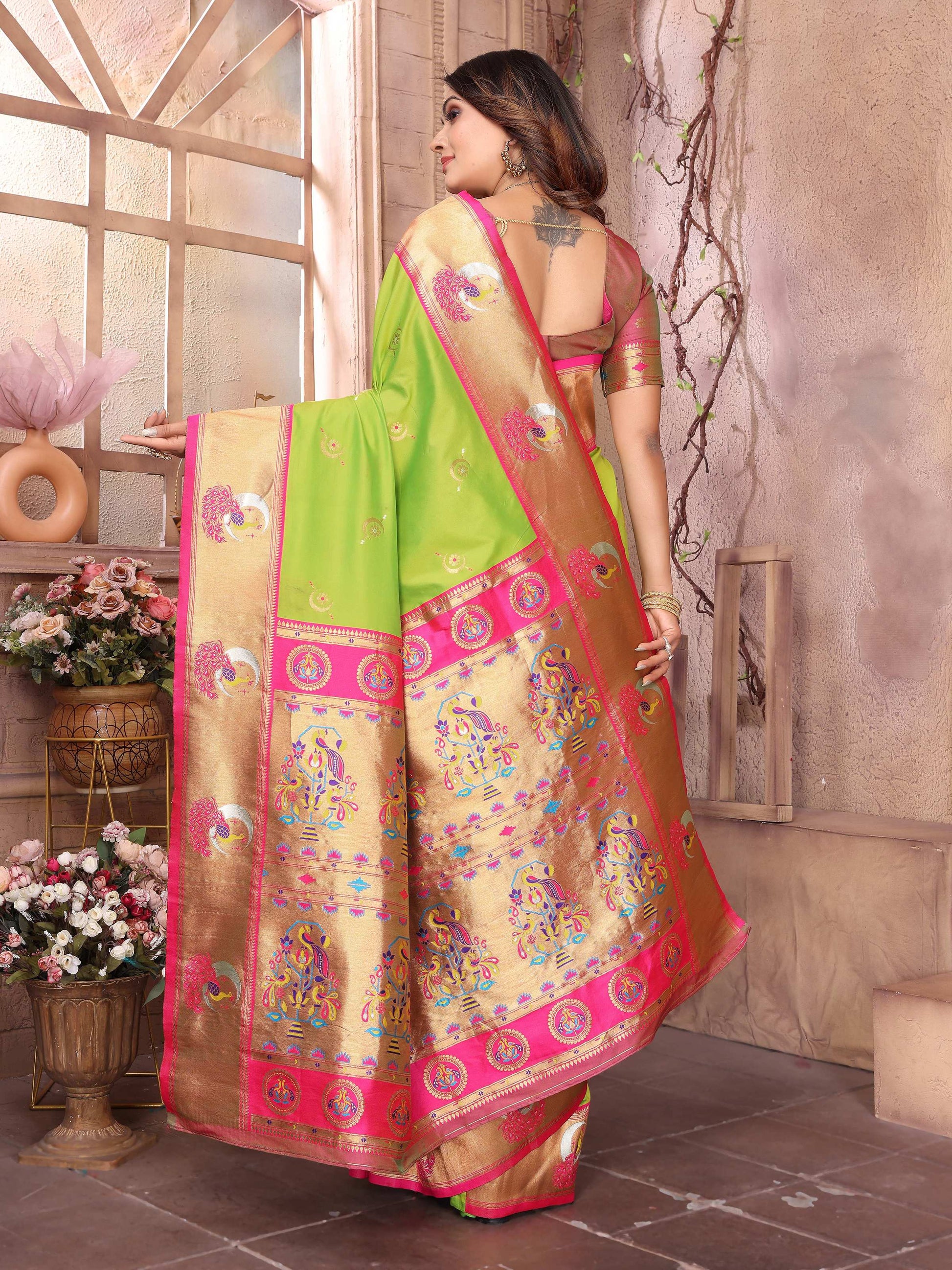 Sonakshi Women's Pista Green Paithani Silk Zari Woven Traditional Saree with Blouse