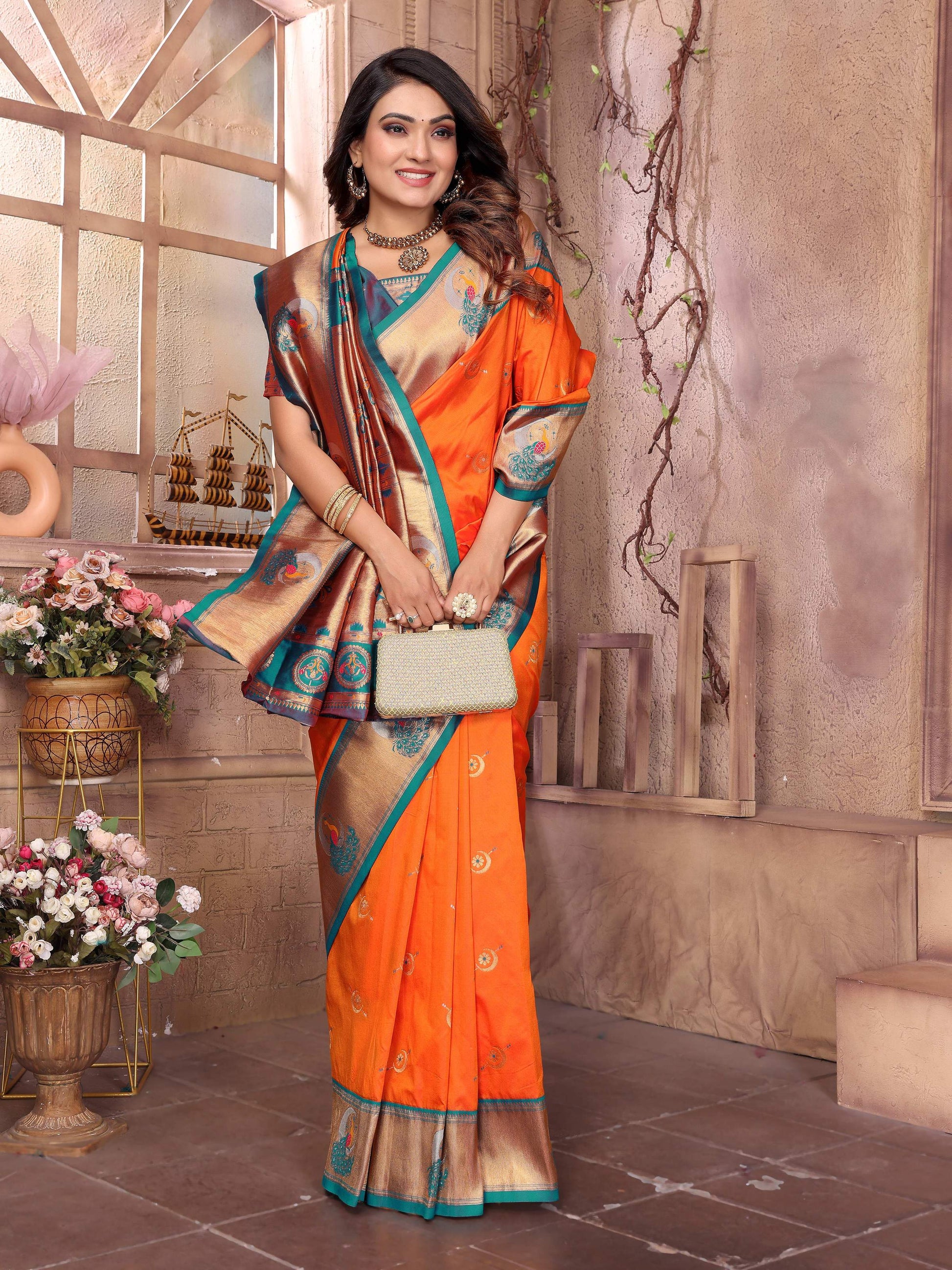 Sonakshi Women's Fenta Paithani Silk Zari Woven Traditional Saree with Blouse