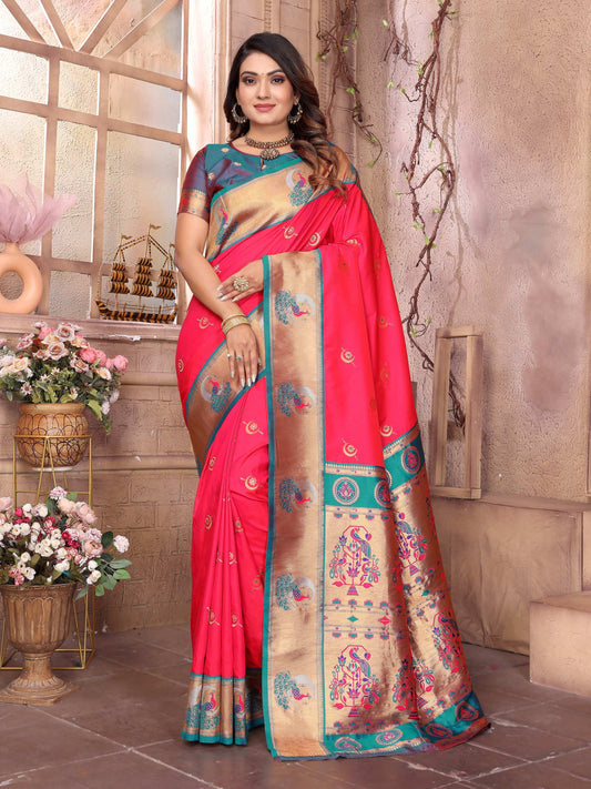 Sonakshi Women's Catonic Gajri Paithani Silk Zari Woven Traditional Saree with Blouse