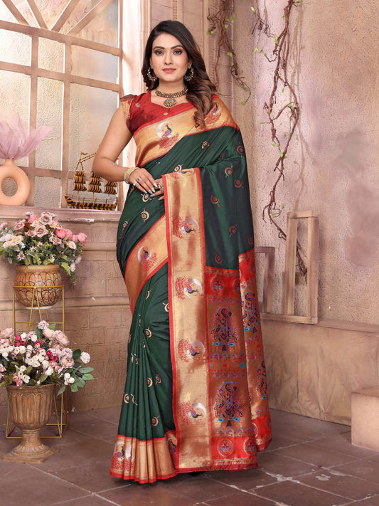Sonakshi Women's Bottle Green Paithani Silk Zari Woven Traditional Saree with Blouse