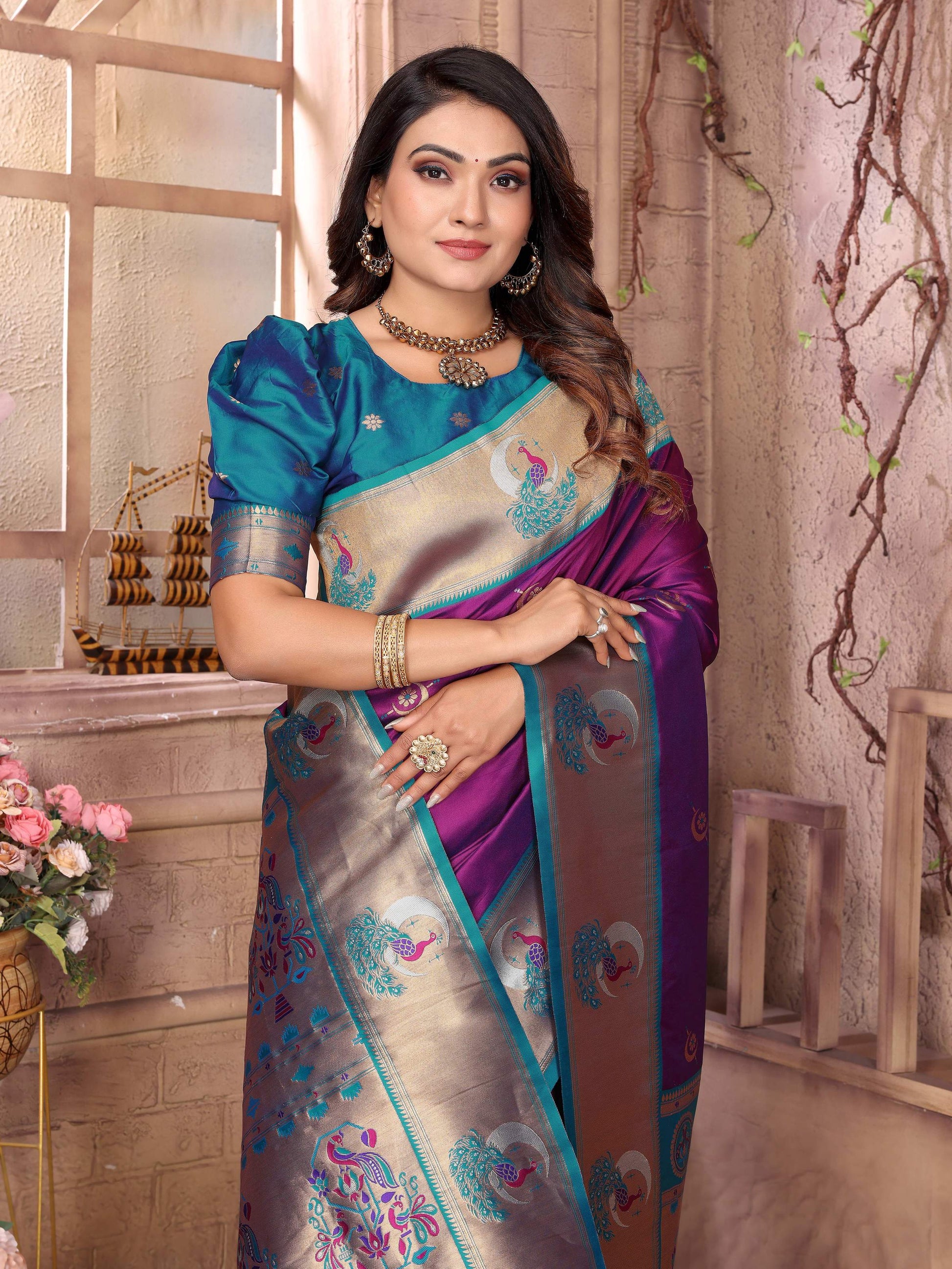 Sonakshi Women's Jamli Paithani Silk Zari Woven Traditional Saree with Blouse