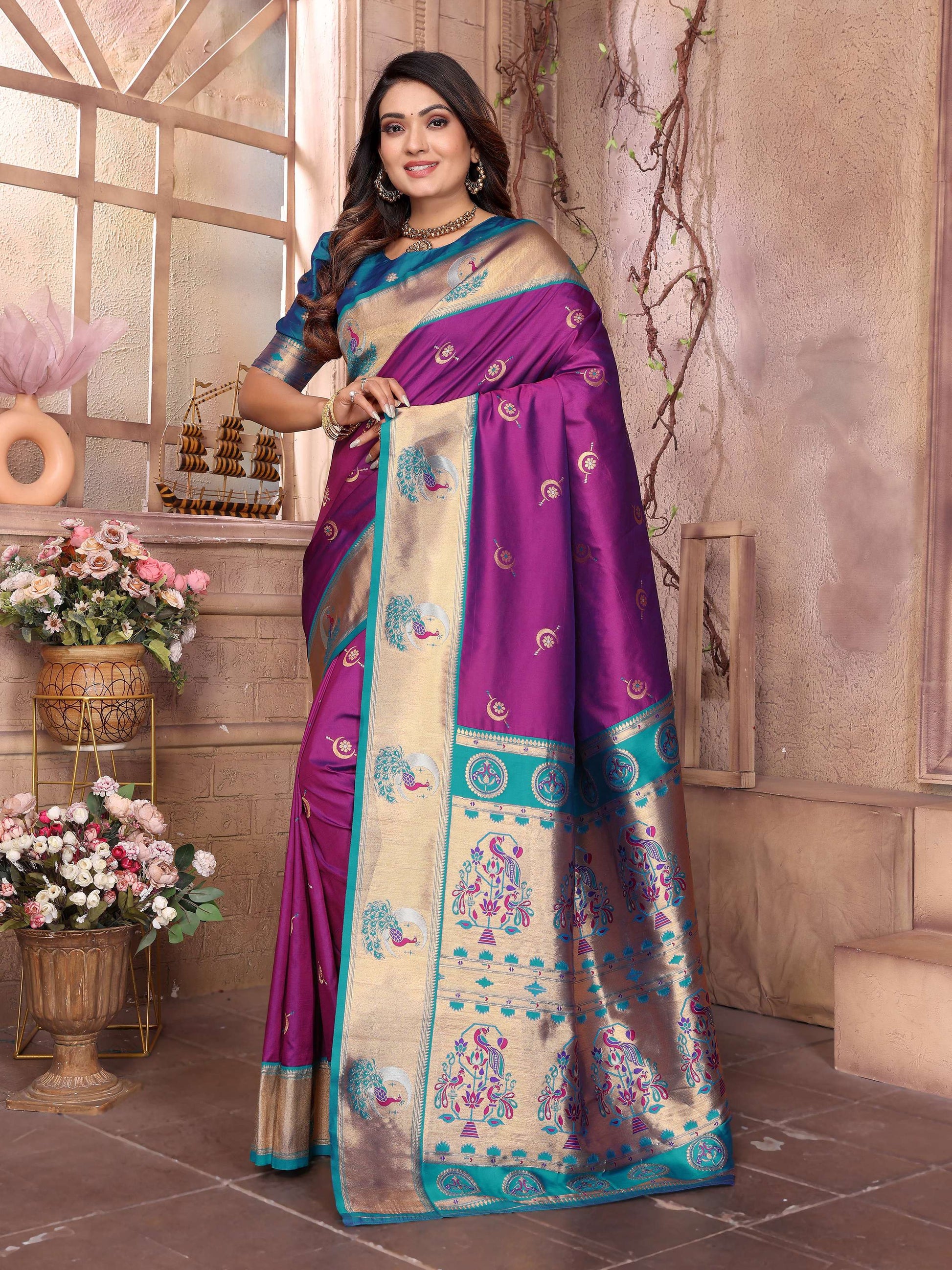 Sonakshi Women's Jamli Paithani Silk Zari Woven Traditional Saree with Blouse