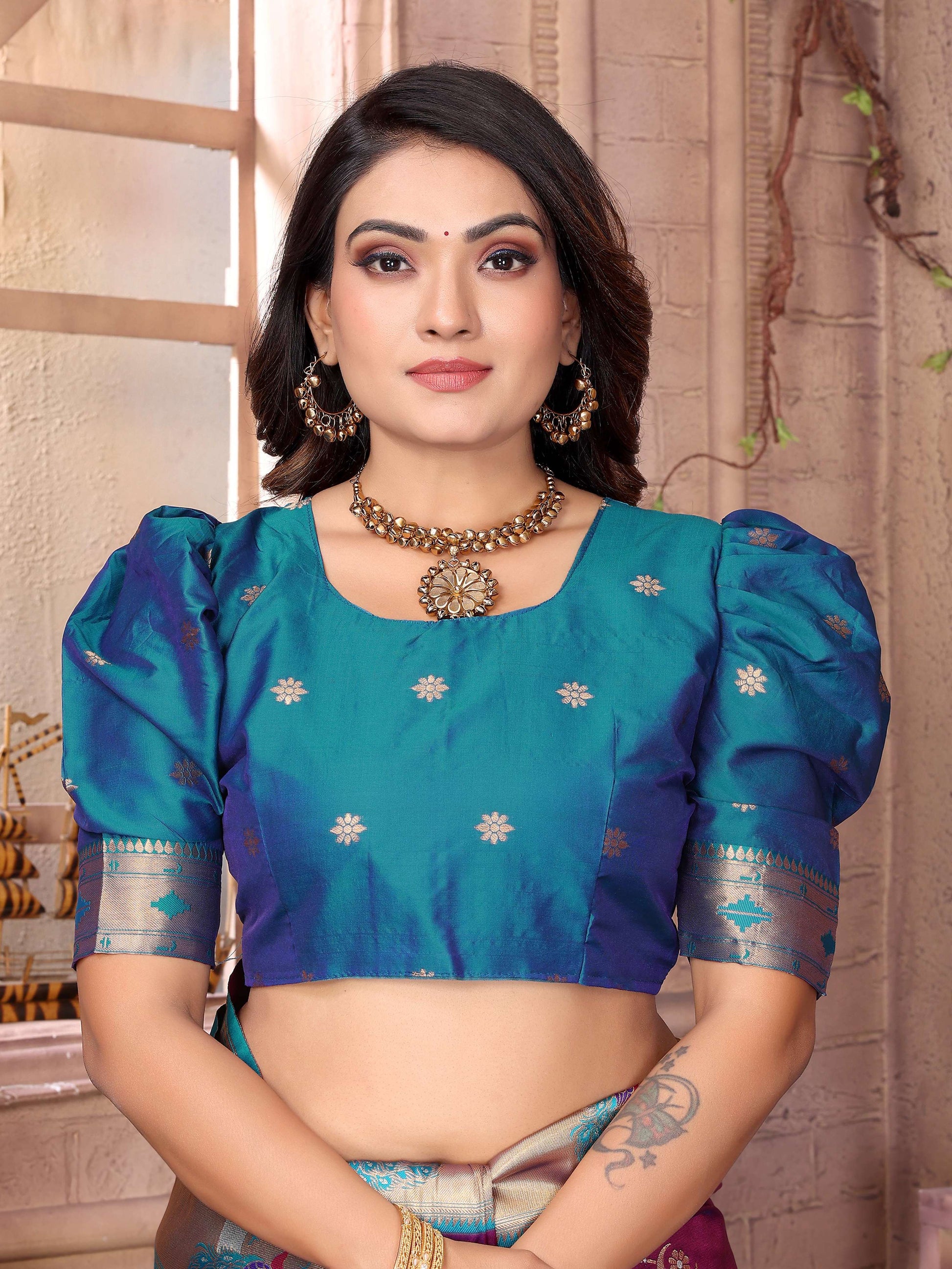 Sonakshi Women's Jamli Paithani Silk Zari Woven Traditional Saree with Blouse