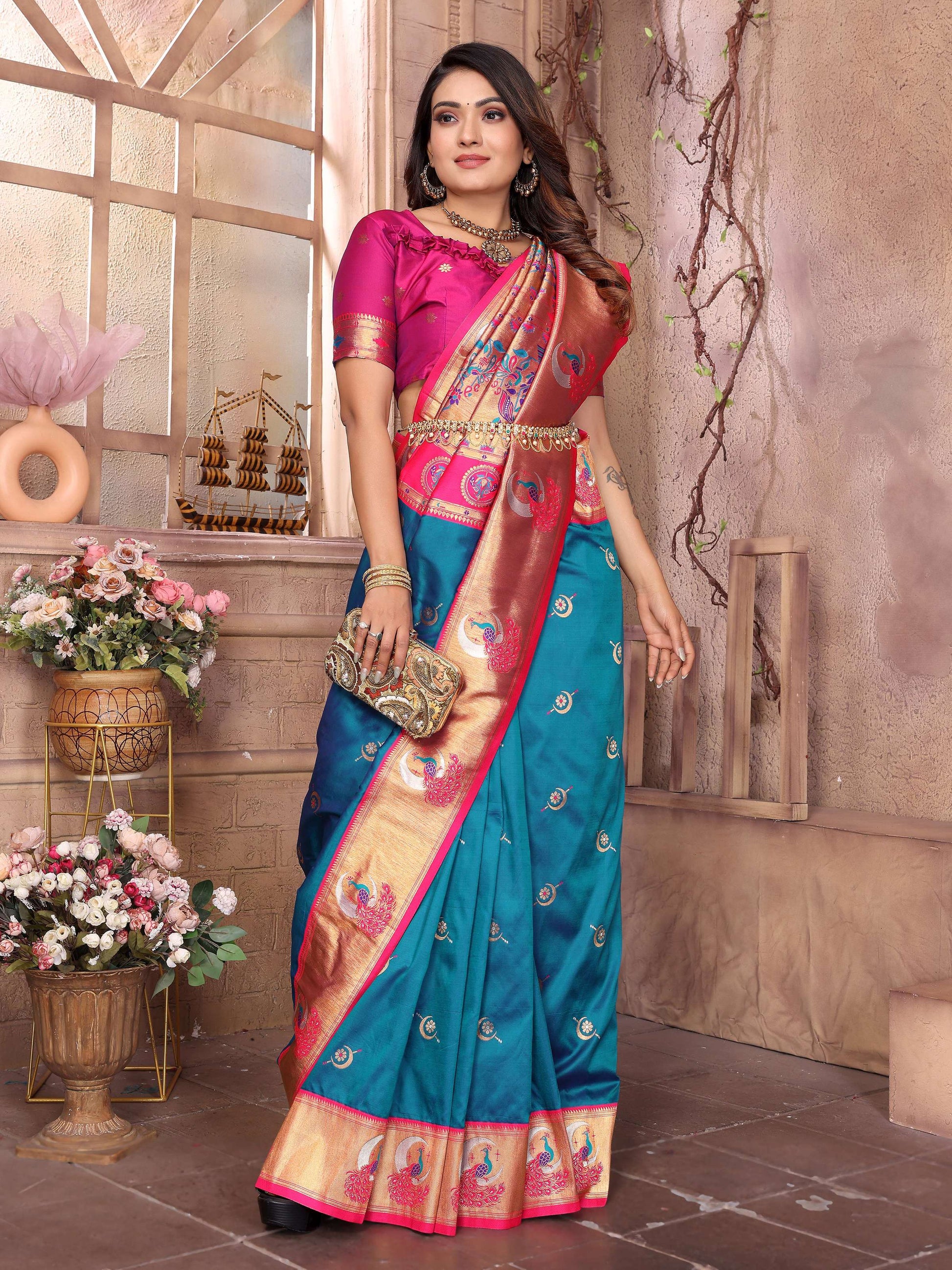 Sonakshi Women's Feroji Paithani Silk Zari Woven Traditional Saree with Blouse