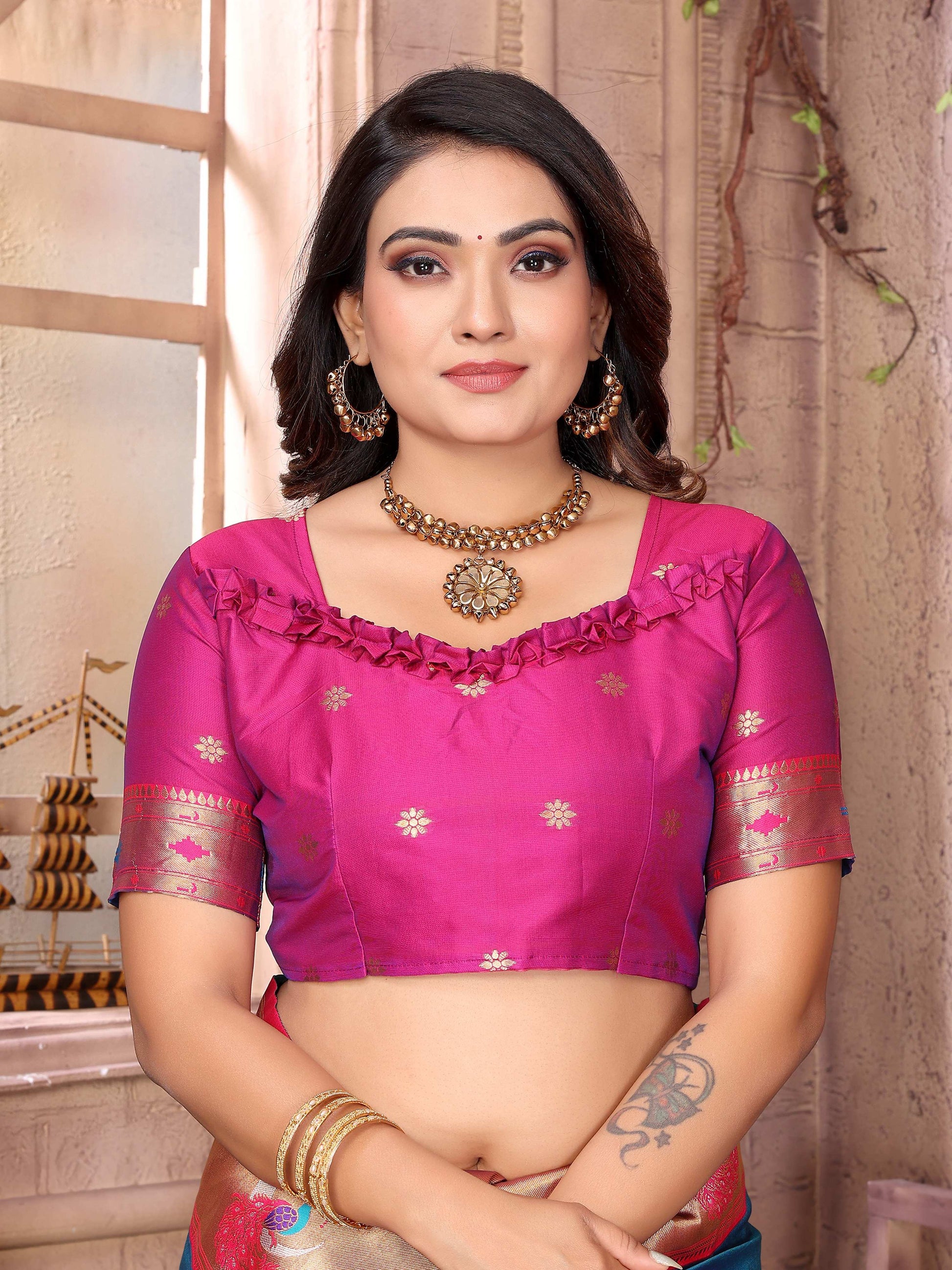 Sonakshi Women's Feroji Paithani Silk Zari Woven Traditional Saree with Blouse