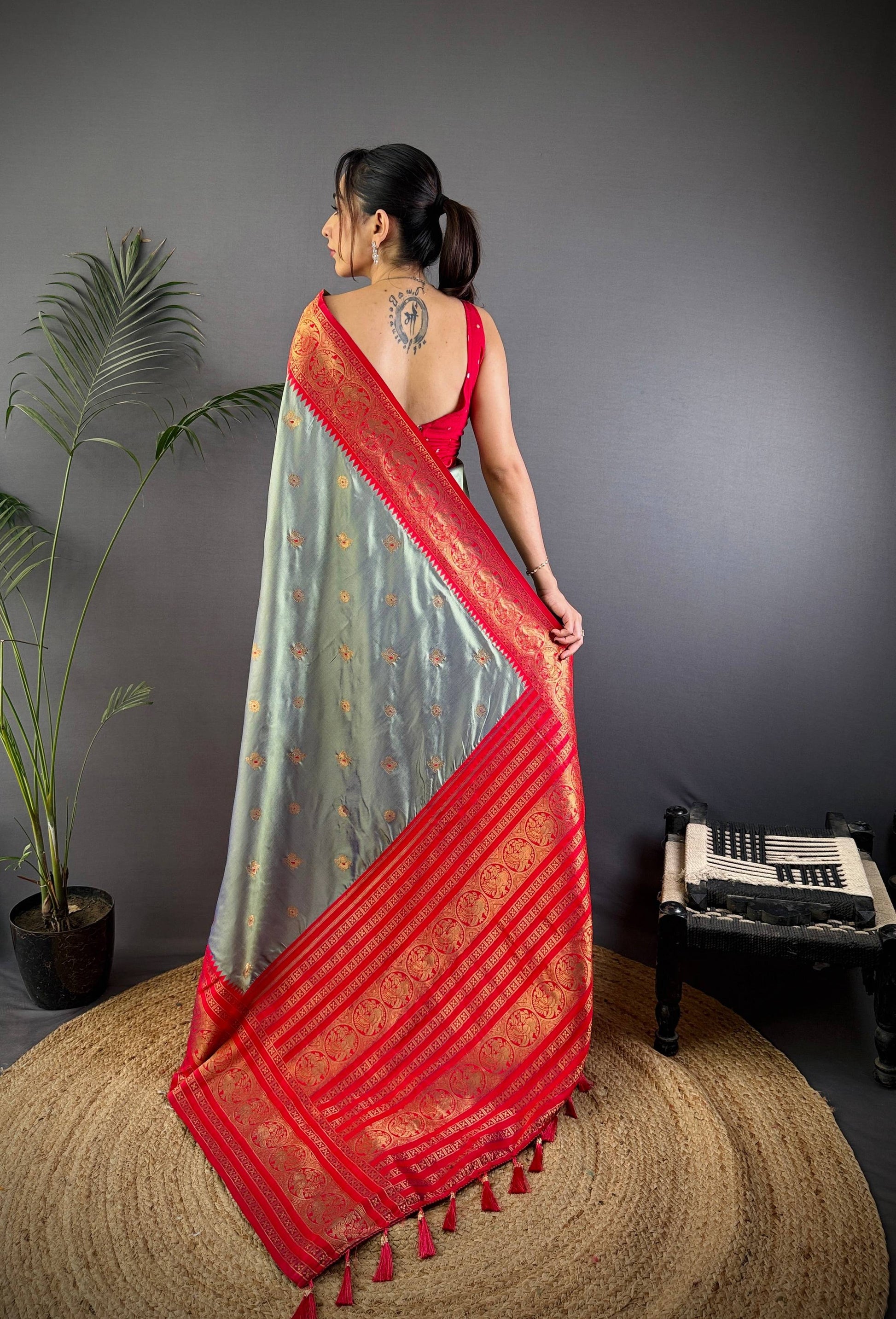 Sonakshi Women's Silver Soft Silk Zari Woven Traditional Saree with Blouse