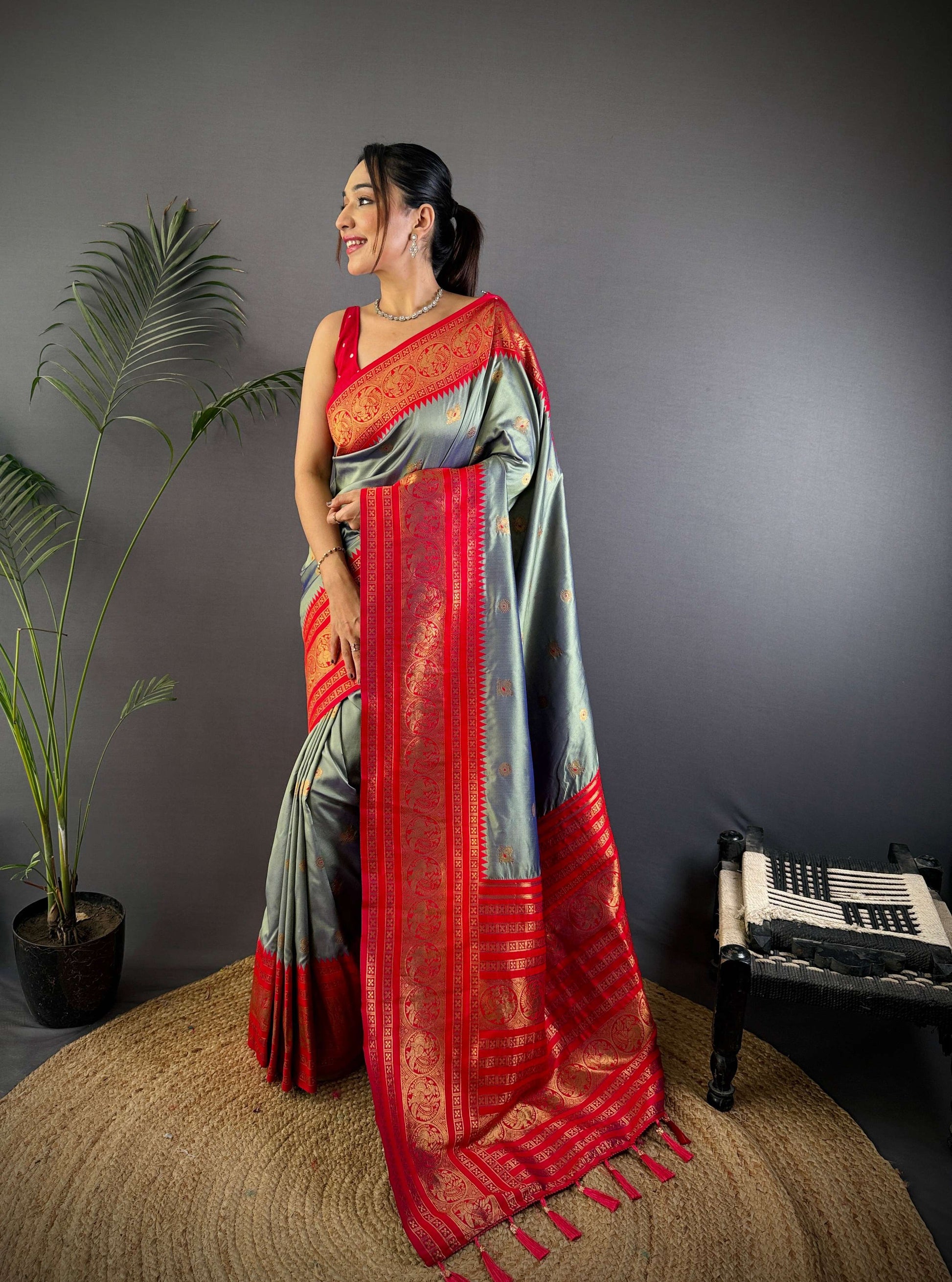 Sonakshi Women's Silver Soft Silk Zari Woven Traditional Saree with Blouse