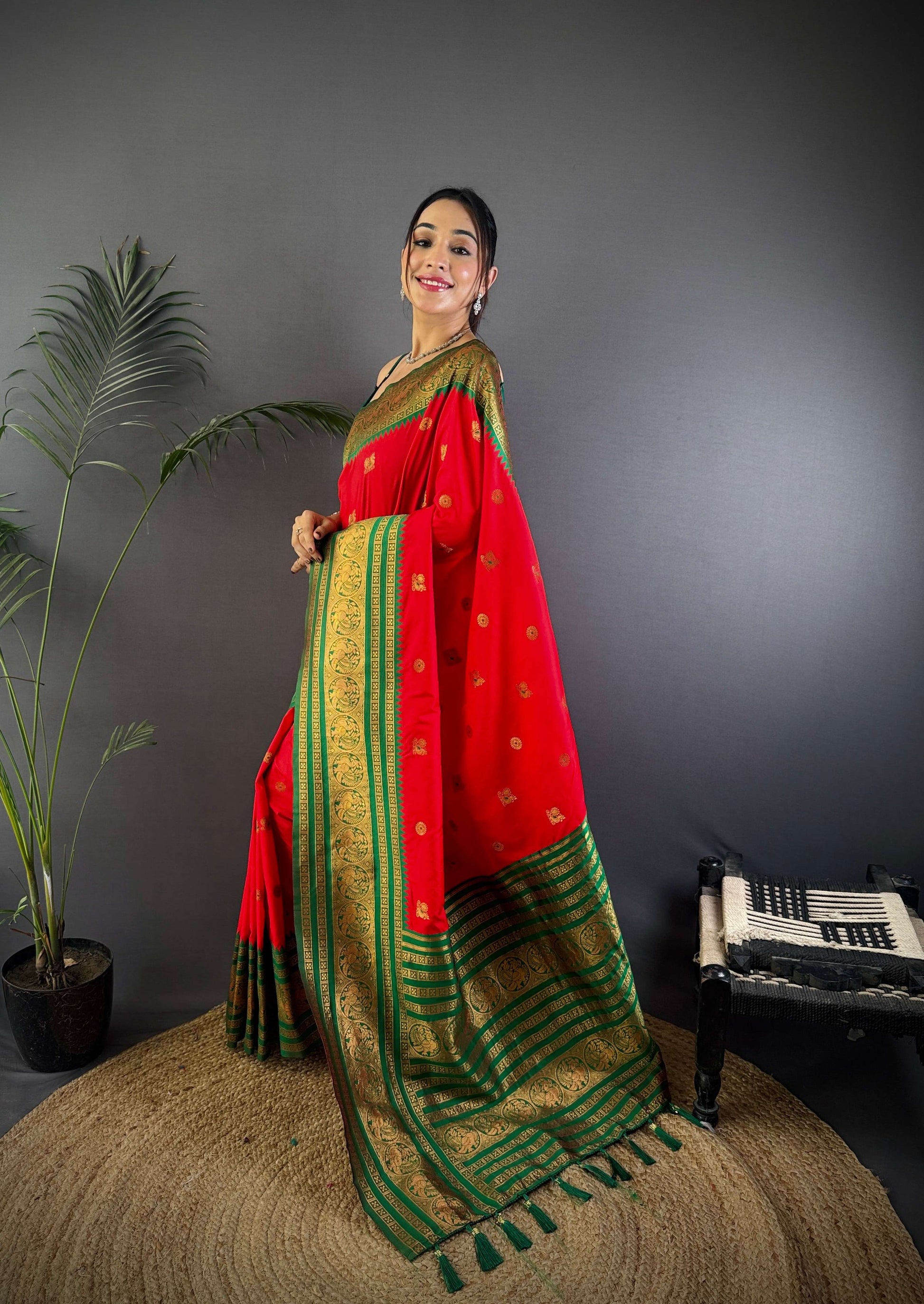 Sonakshi Women's Red Soft Silk Zari Woven Traditional Saree with Blouse