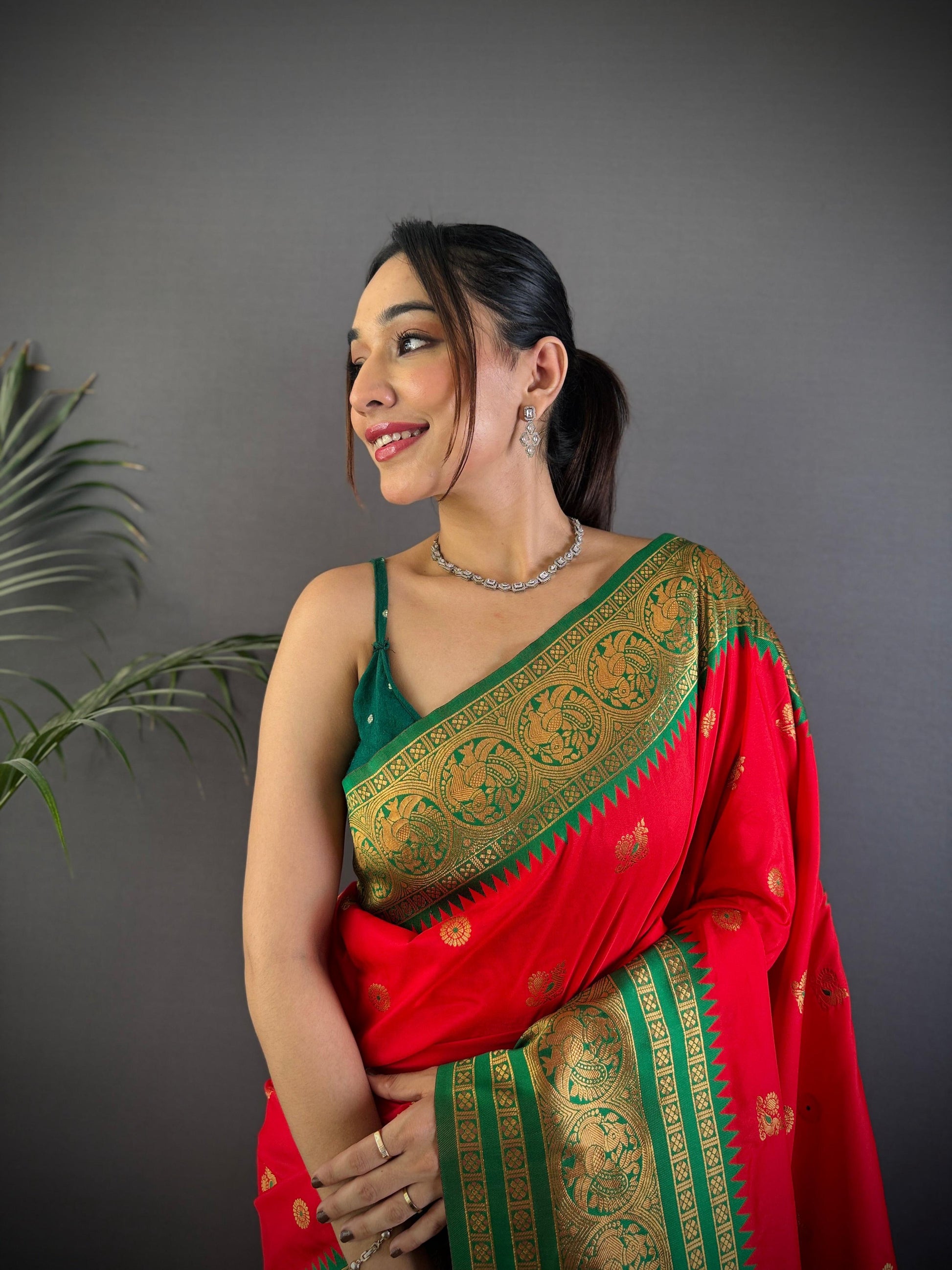 Sonakshi Women's Red Soft Silk Zari Woven Traditional Saree with Blouse