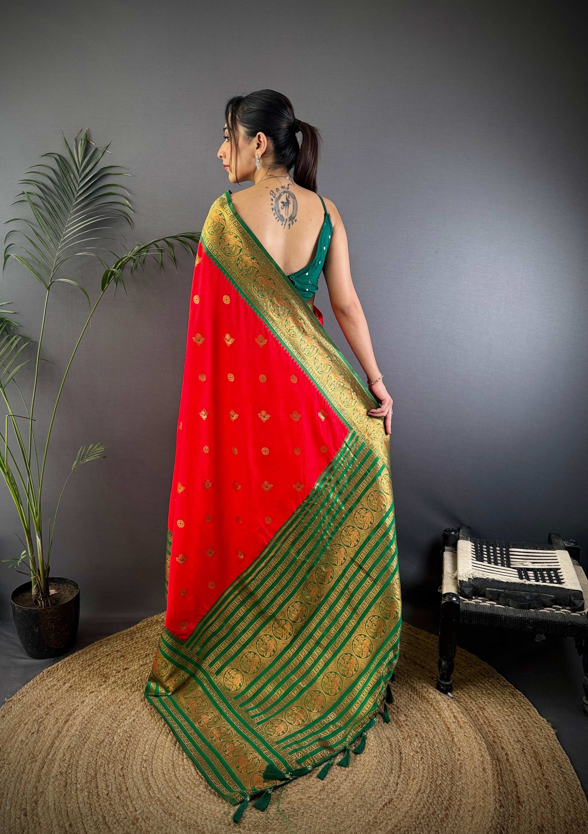 Sonakshi Women's Red Soft Silk Zari Woven Traditional Saree with Blouse