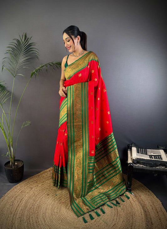 Sonakshi Women's Red Soft Silk Zari Woven Traditional Saree with Blouse