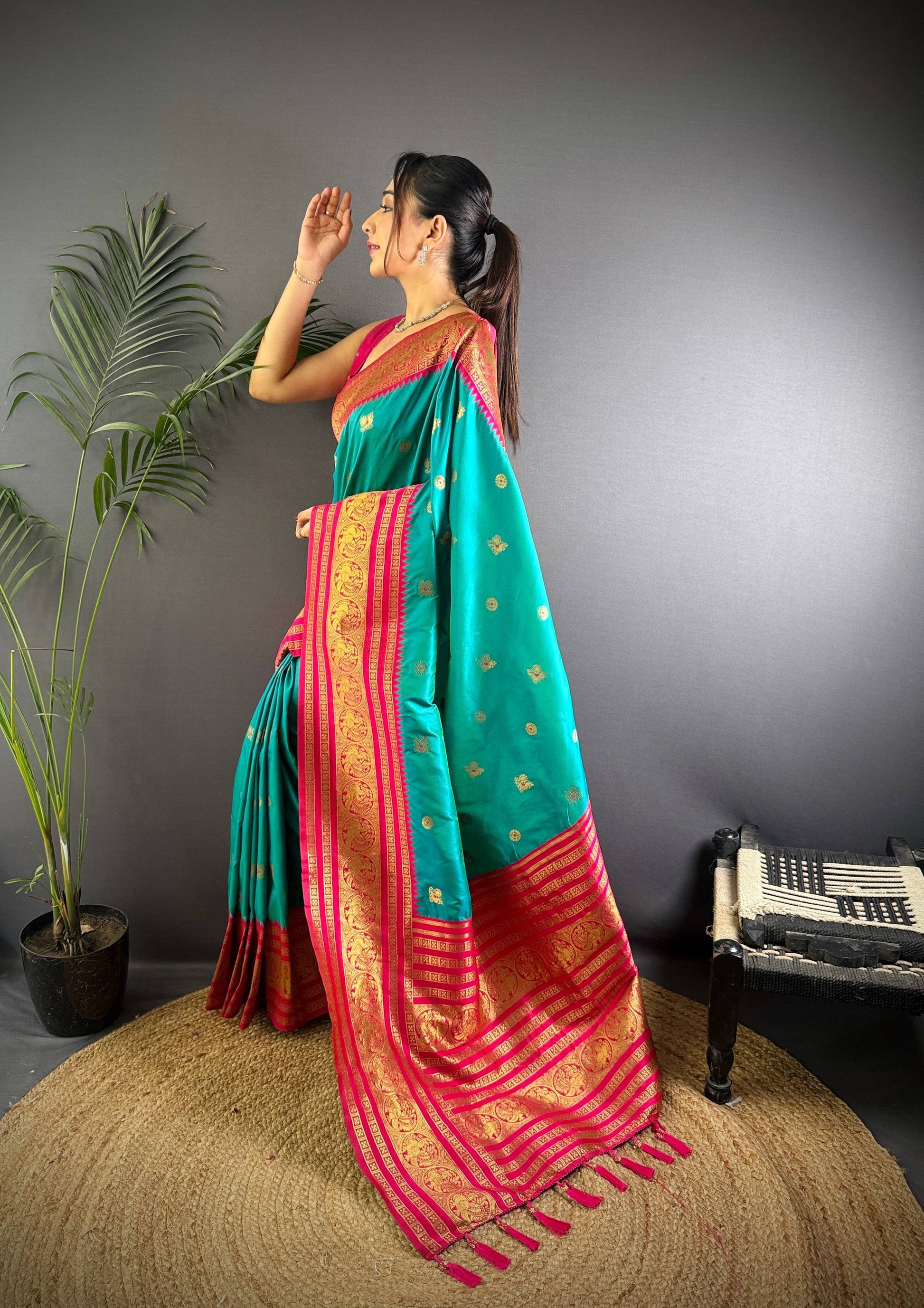 Sonakshi Women's Teal Soft Silk Zari Woven Traditional Saree with Blouse