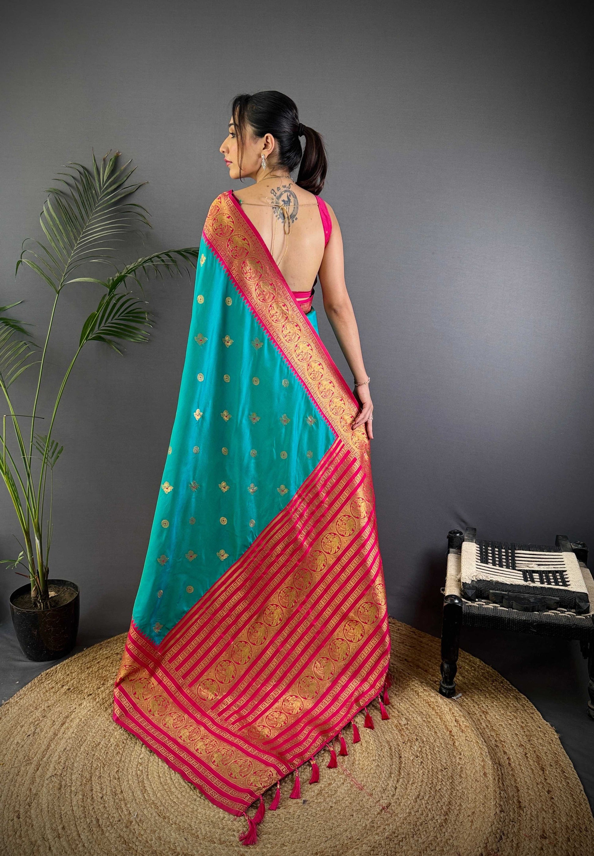 Sonakshi Women's Teal Soft Silk Zari Woven Traditional Saree with Blouse