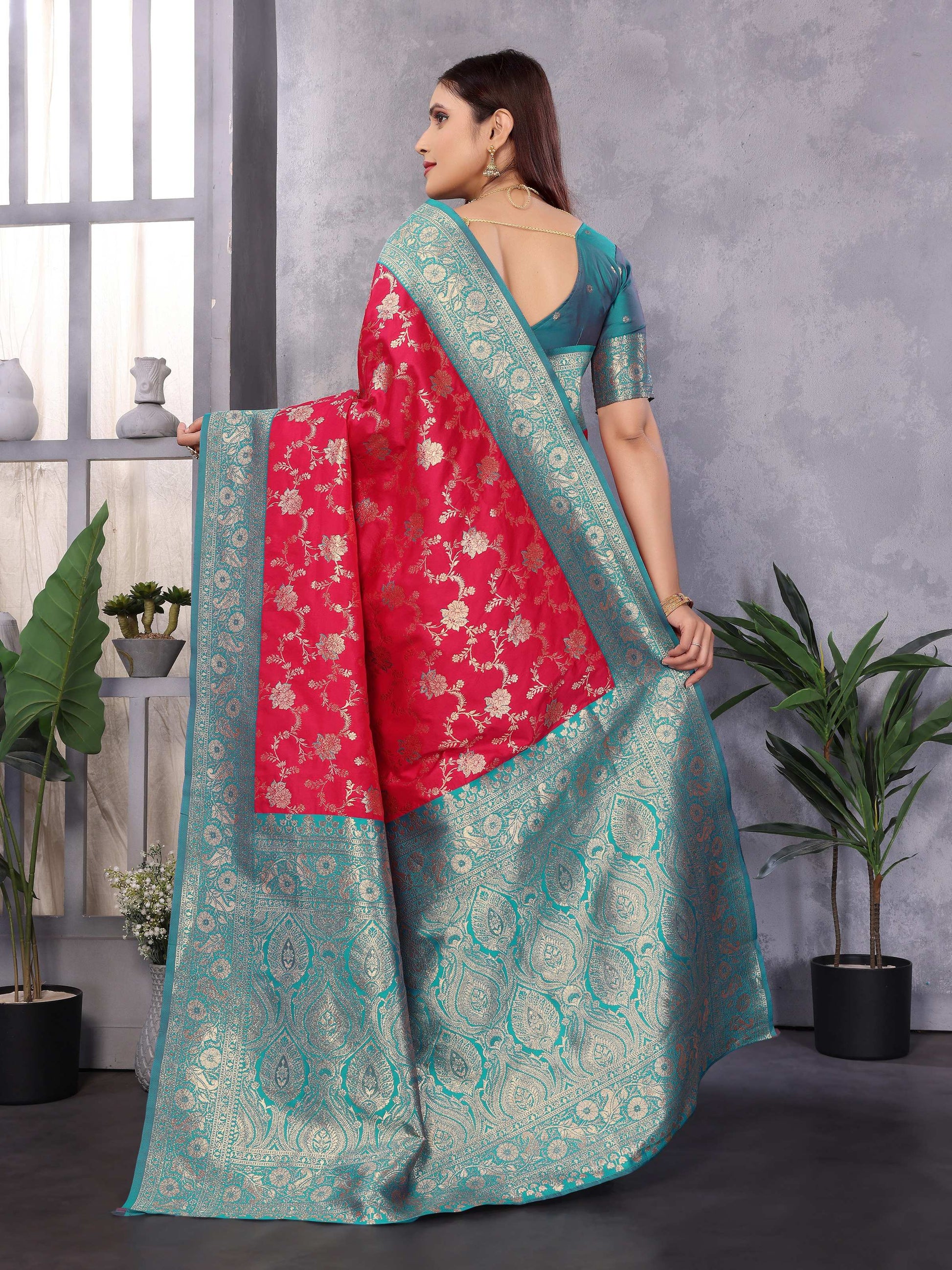 Sonakshi Women's Gajri Banarasi Silk Zari Woven Traditional Saree with Blouse | Swadesiicart