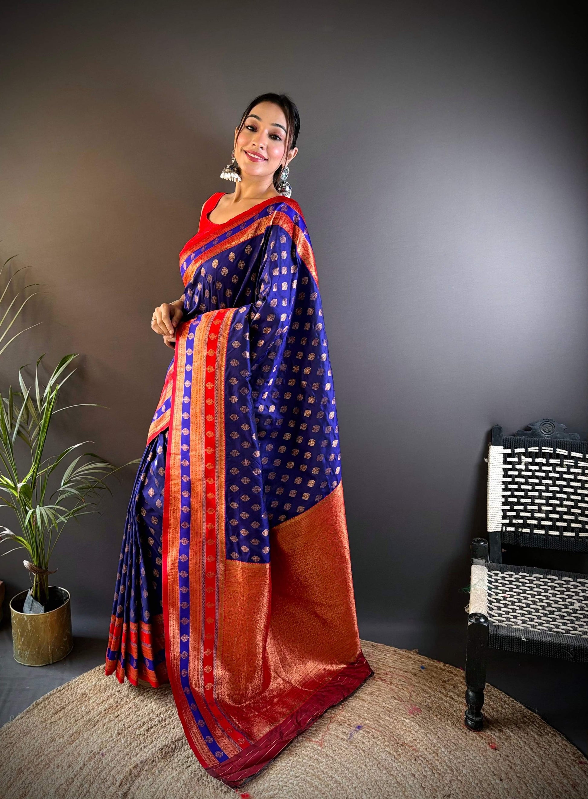 Sonakshi Women's Royal Blue Banarasi Silk Zari Woven Traditional Saree with Blouse | Swadesiicart