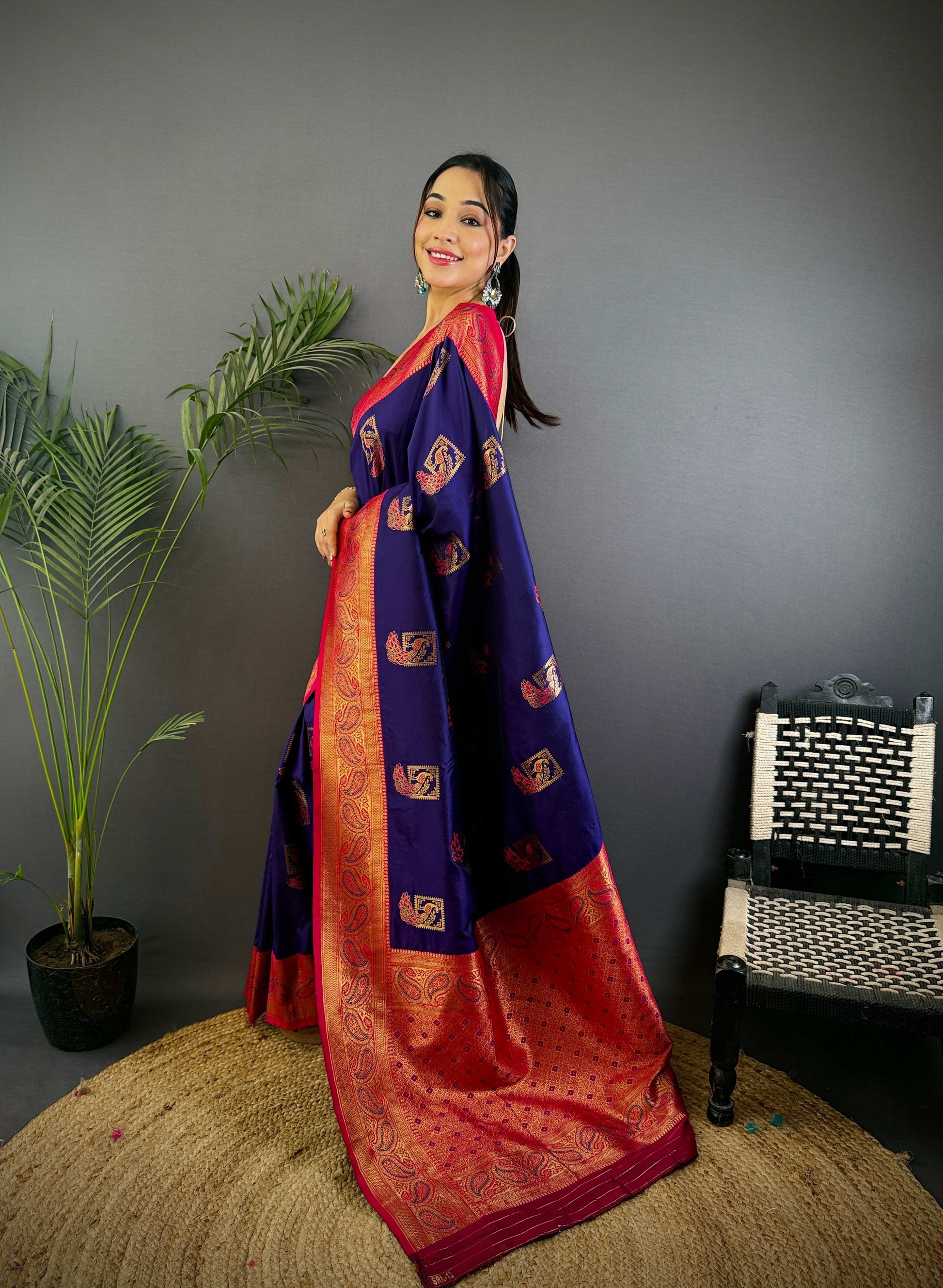 Sonakshi Women's Navy Blue Banarasi Silk Zari Woven Traditional Saree with Blouse | Swadesiicart