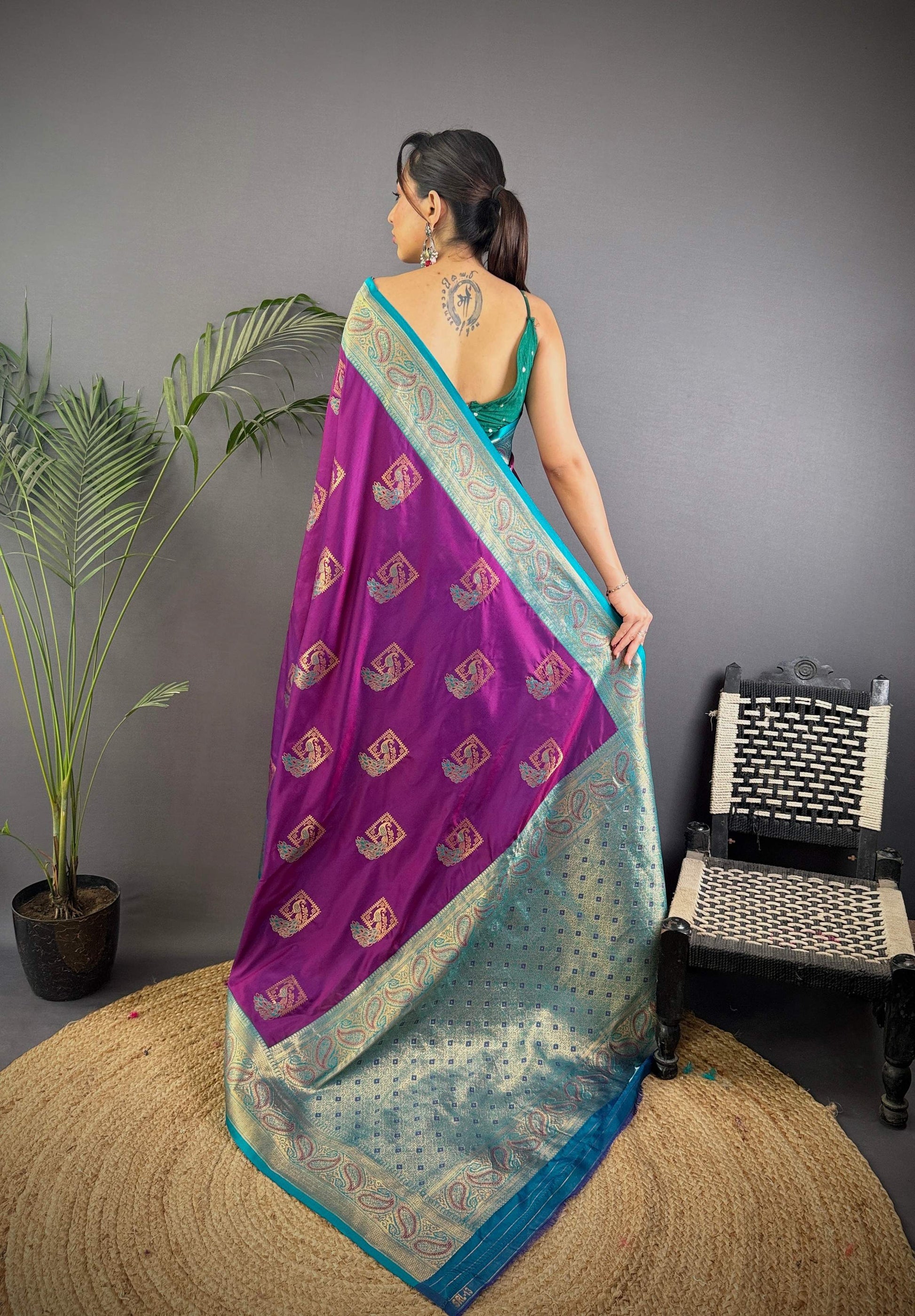 Sonakshi Women's Purple Banarasi Silk Zari Woven Traditional Saree with Blouse | Swadesiicart