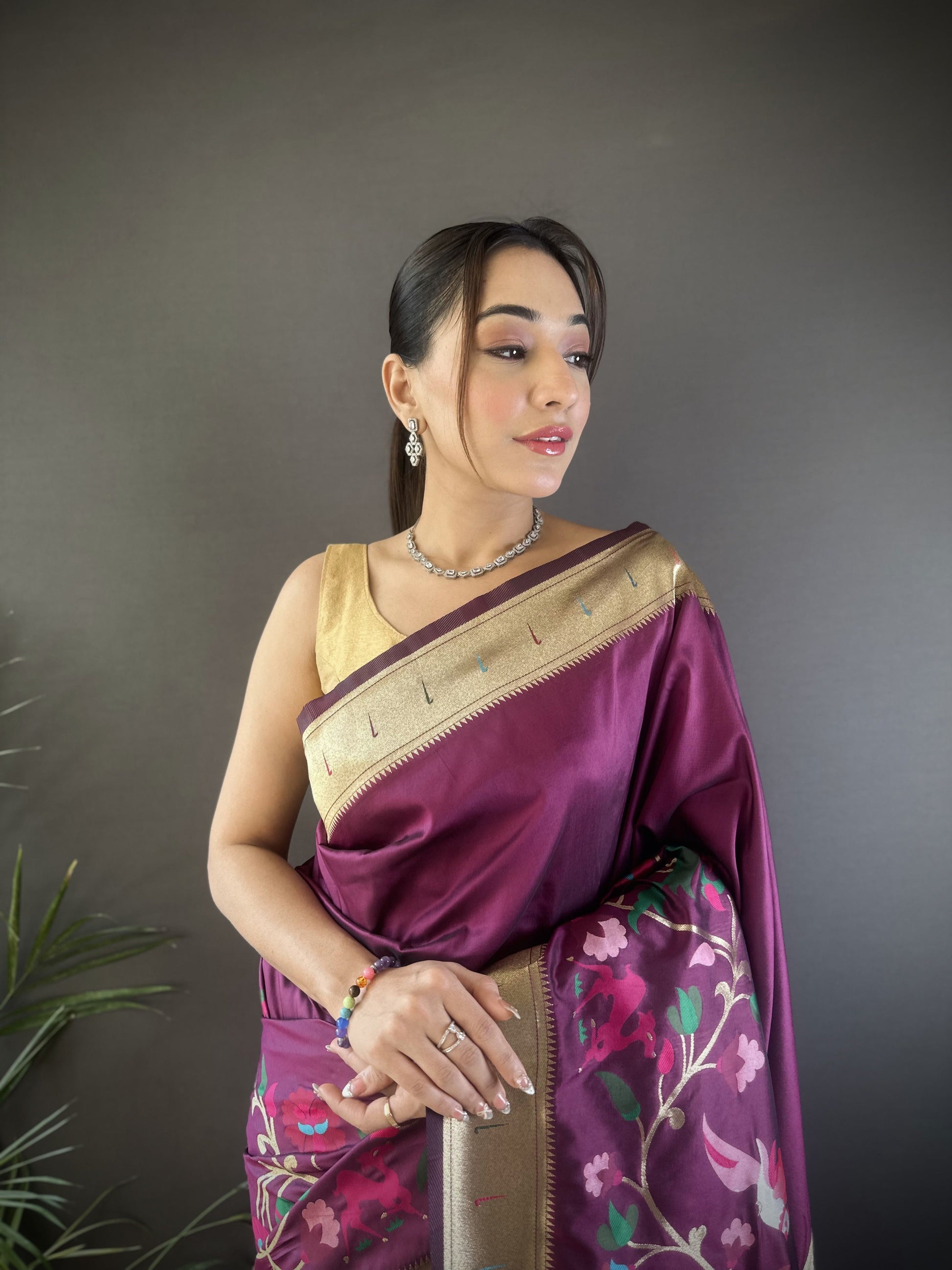 Sonakshi Women's Wine Paithani Silk Zari Woven Traditional Saree with Blouse