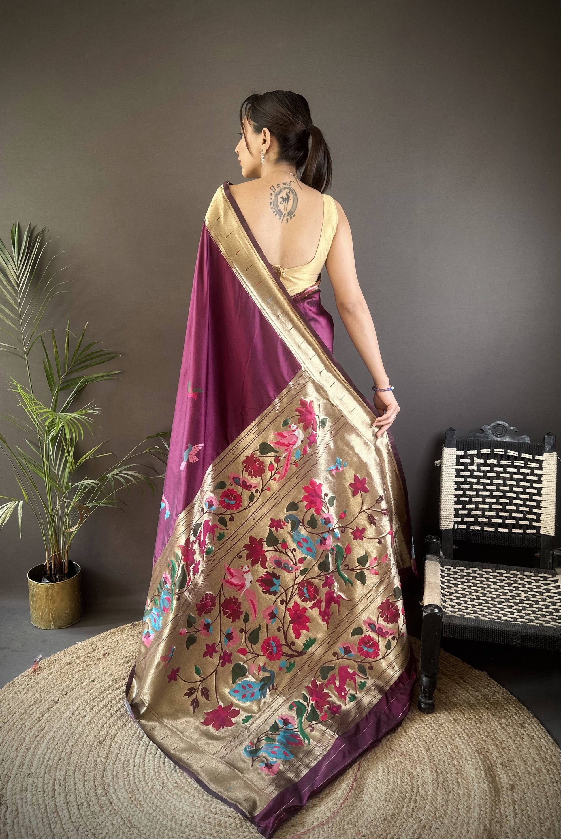 Sonakshi Women's Wine Paithani Silk Zari Woven Traditional Saree with Blouse
