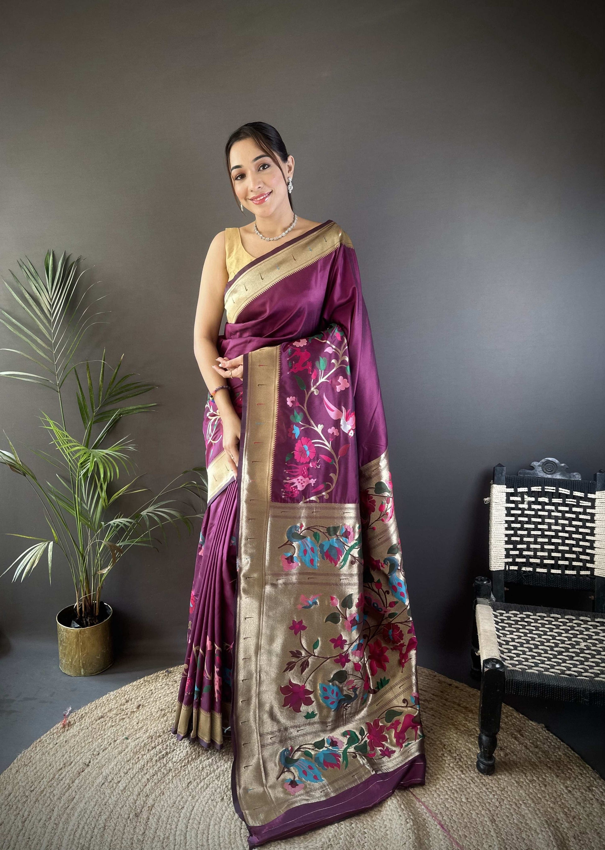 Sonakshi Women's Wine Paithani Silk Zari Woven Traditional Saree with Blouse