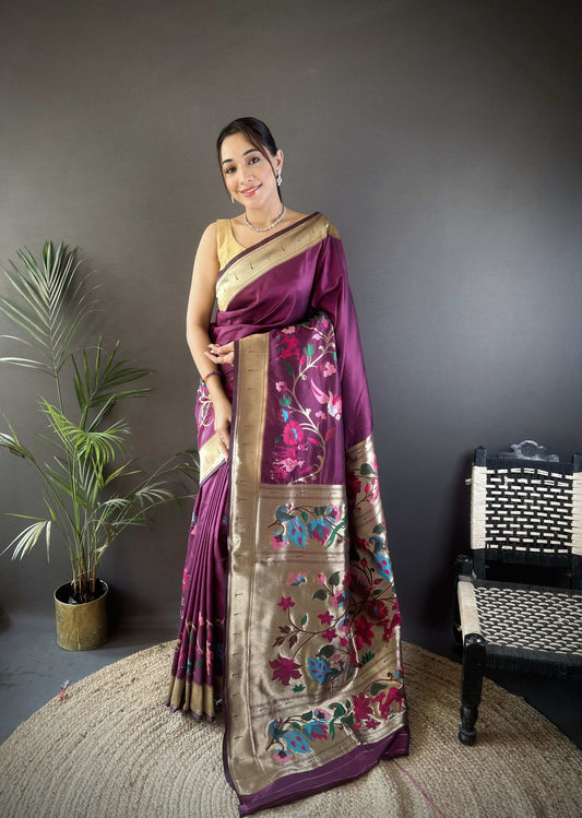 Sonakshi Women's Wine Paithani Silk Zari Woven Traditional Saree with Blouse