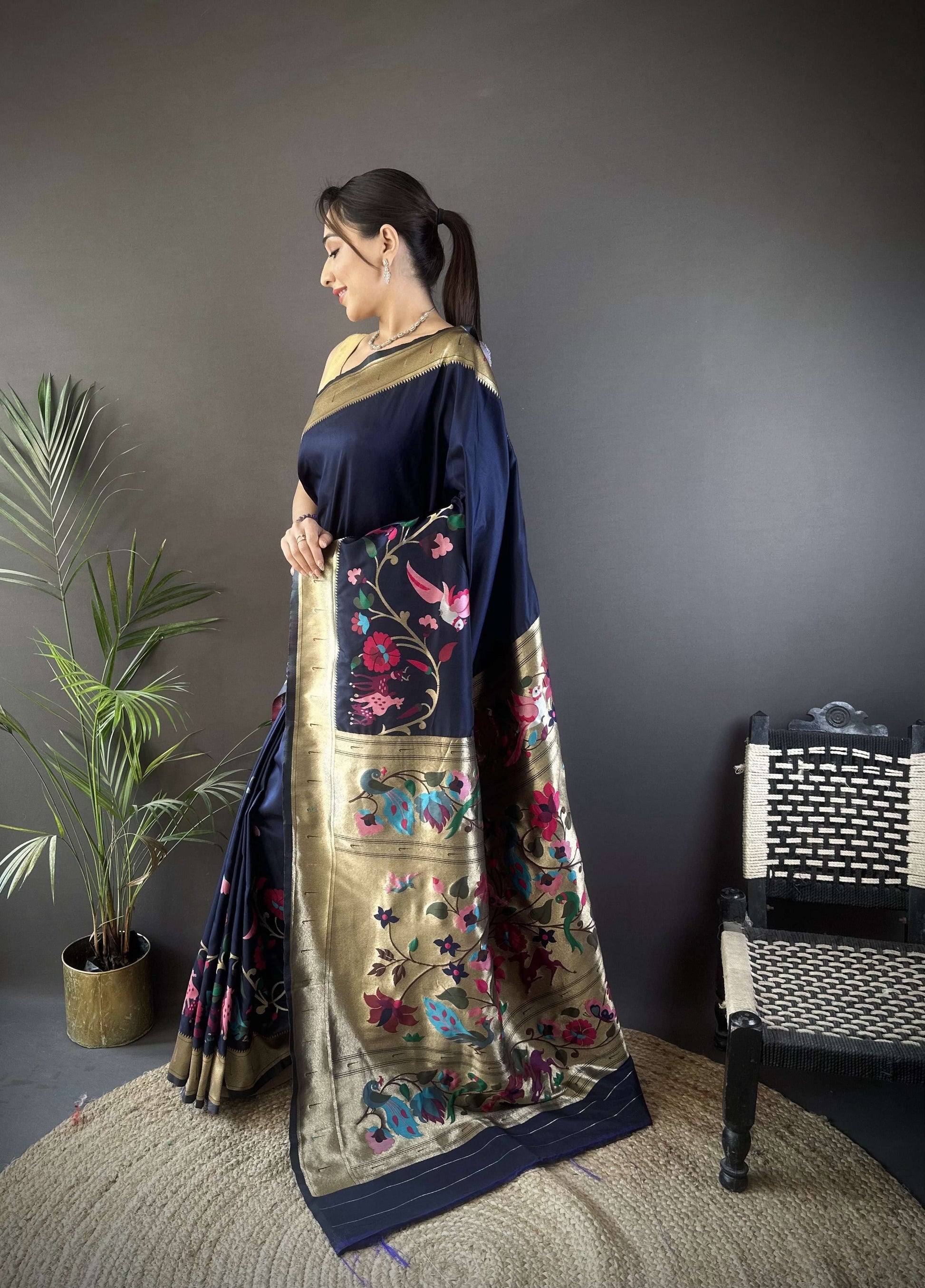 Sonakshi Women's Navy Blue Paithani Silk Zari Woven Traditional Saree with Blouse