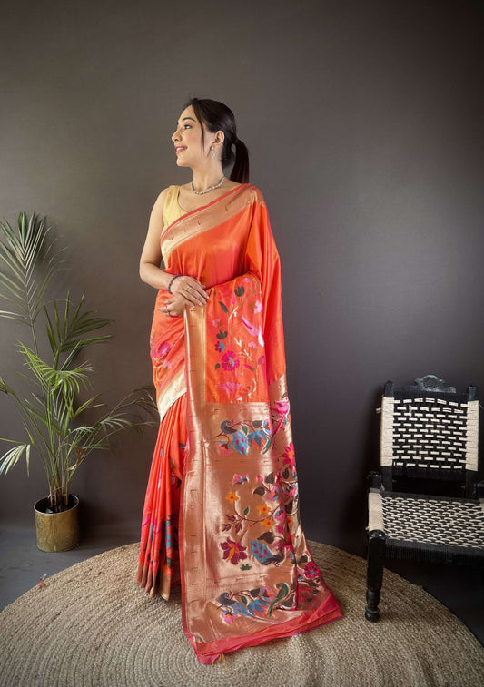 Sonakshi Women's Fenta Paithani Silk Zari Woven Traditional Saree with Blouse
