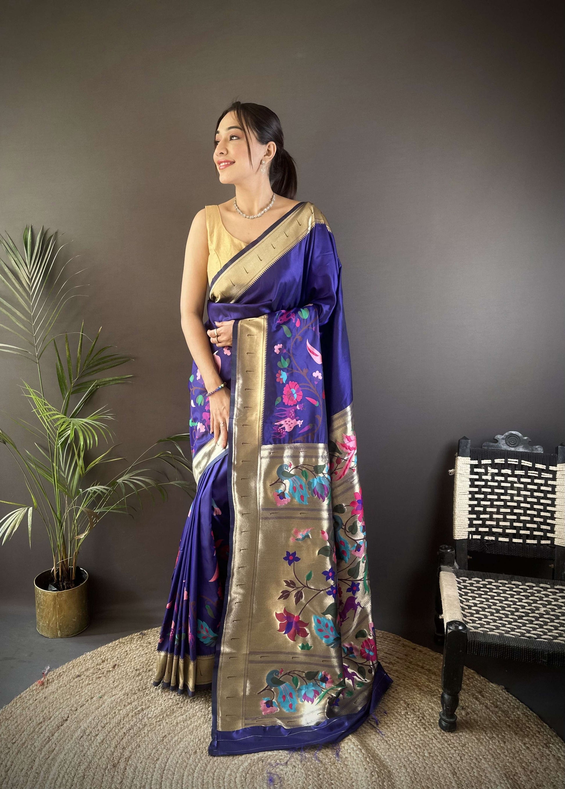 Sonakshi Women's Royal Blue Paithani Silk Zari Woven Traditional Saree with Blouse