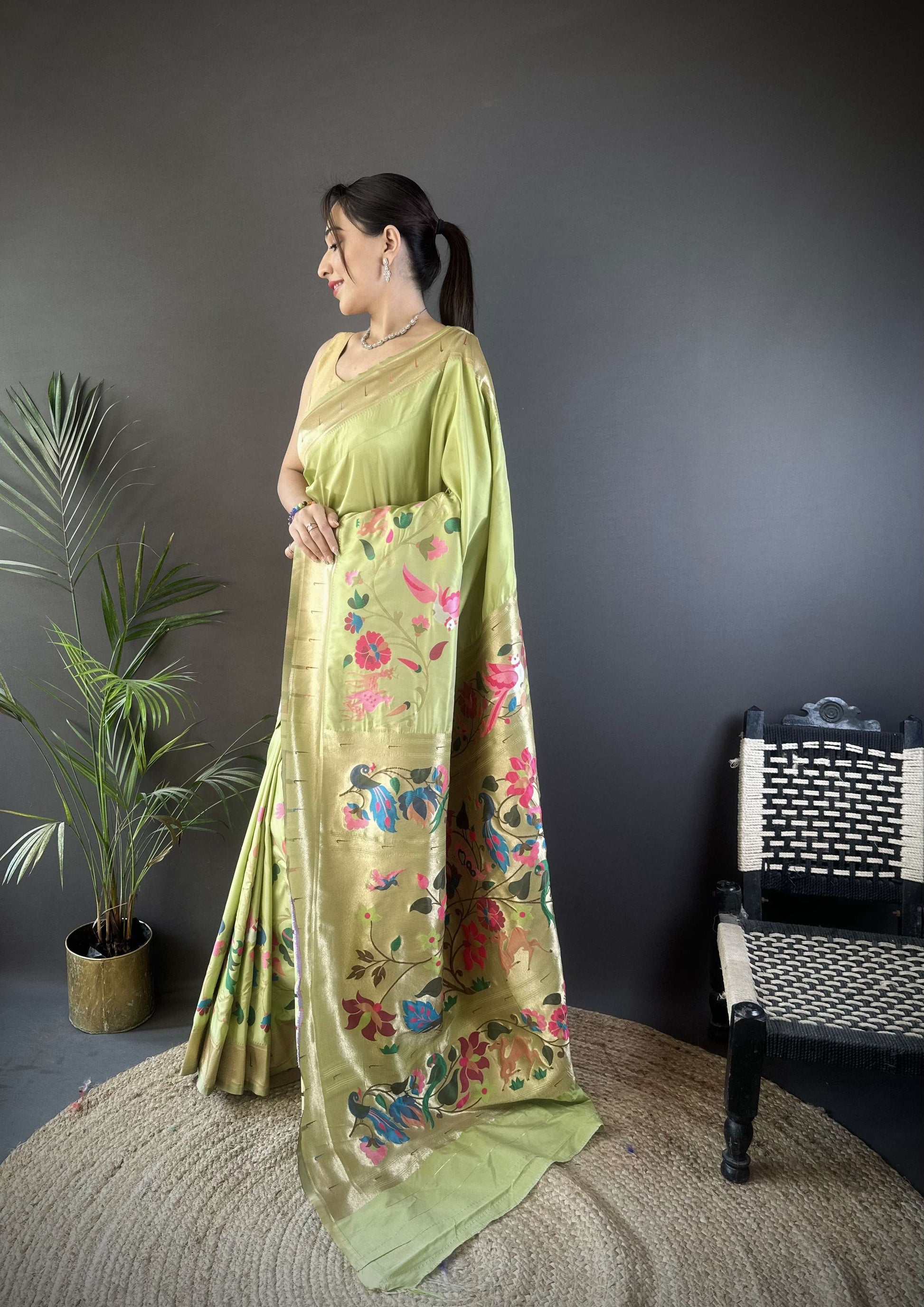 Sonakshi Women's Pista Paithani Silk Zari Woven Traditional Saree with Blouse