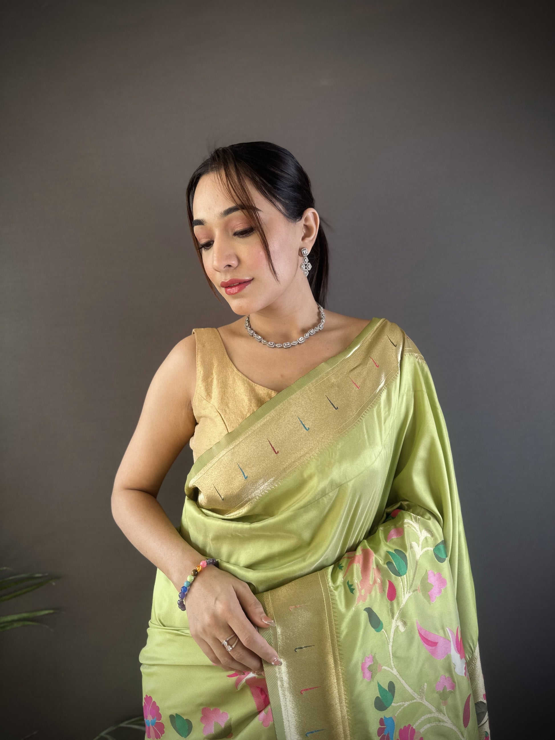 Sonakshi Women's Pista Paithani Silk Zari Woven Traditional Saree with Blouse