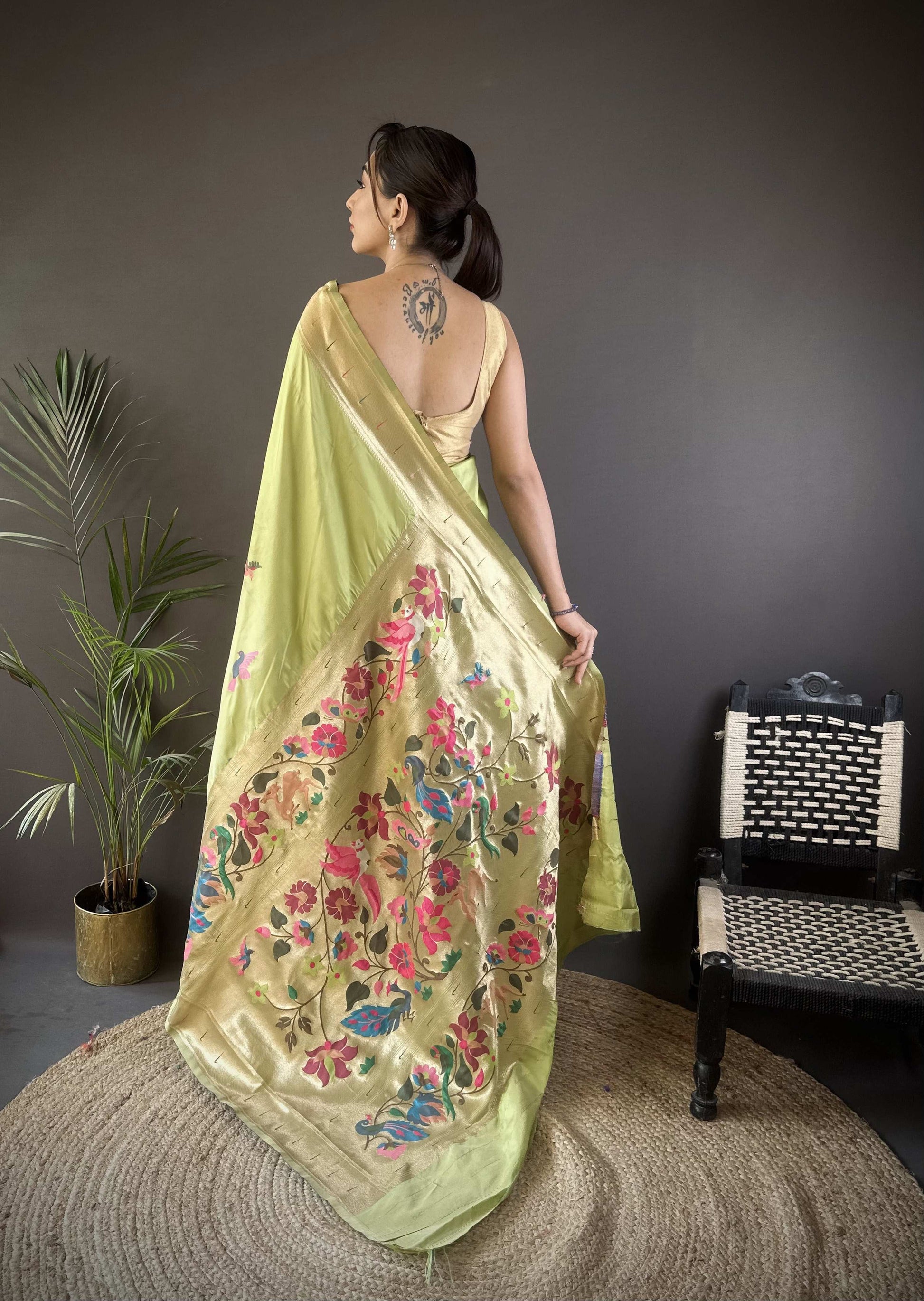 Sonakshi Women's Pista Paithani Silk Zari Woven Traditional Saree with Blouse
