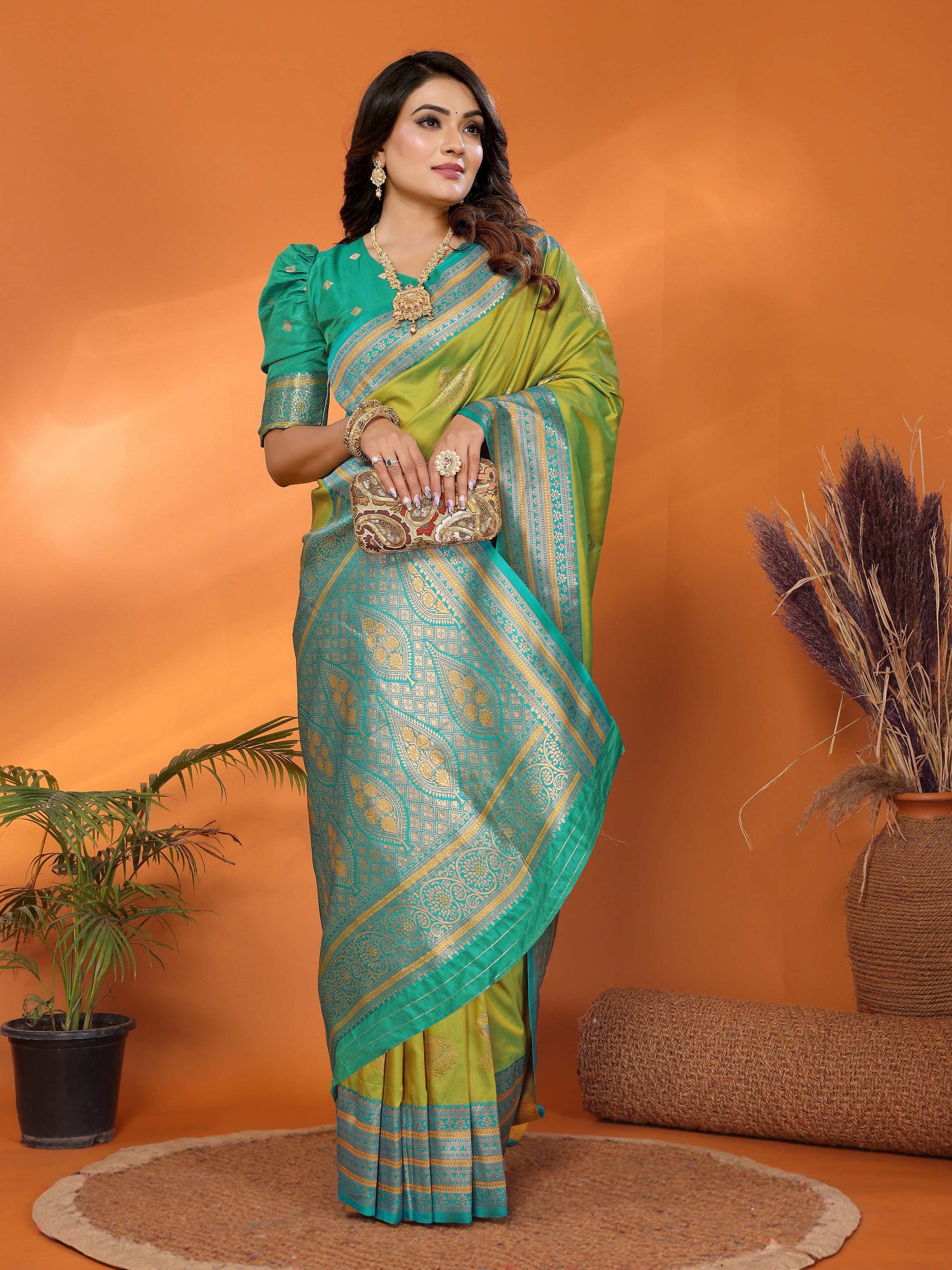 Sonakshi Women's Parrot Banarasi Silk Zari Woven Traditional Saree with Blouse | Swadesiicart