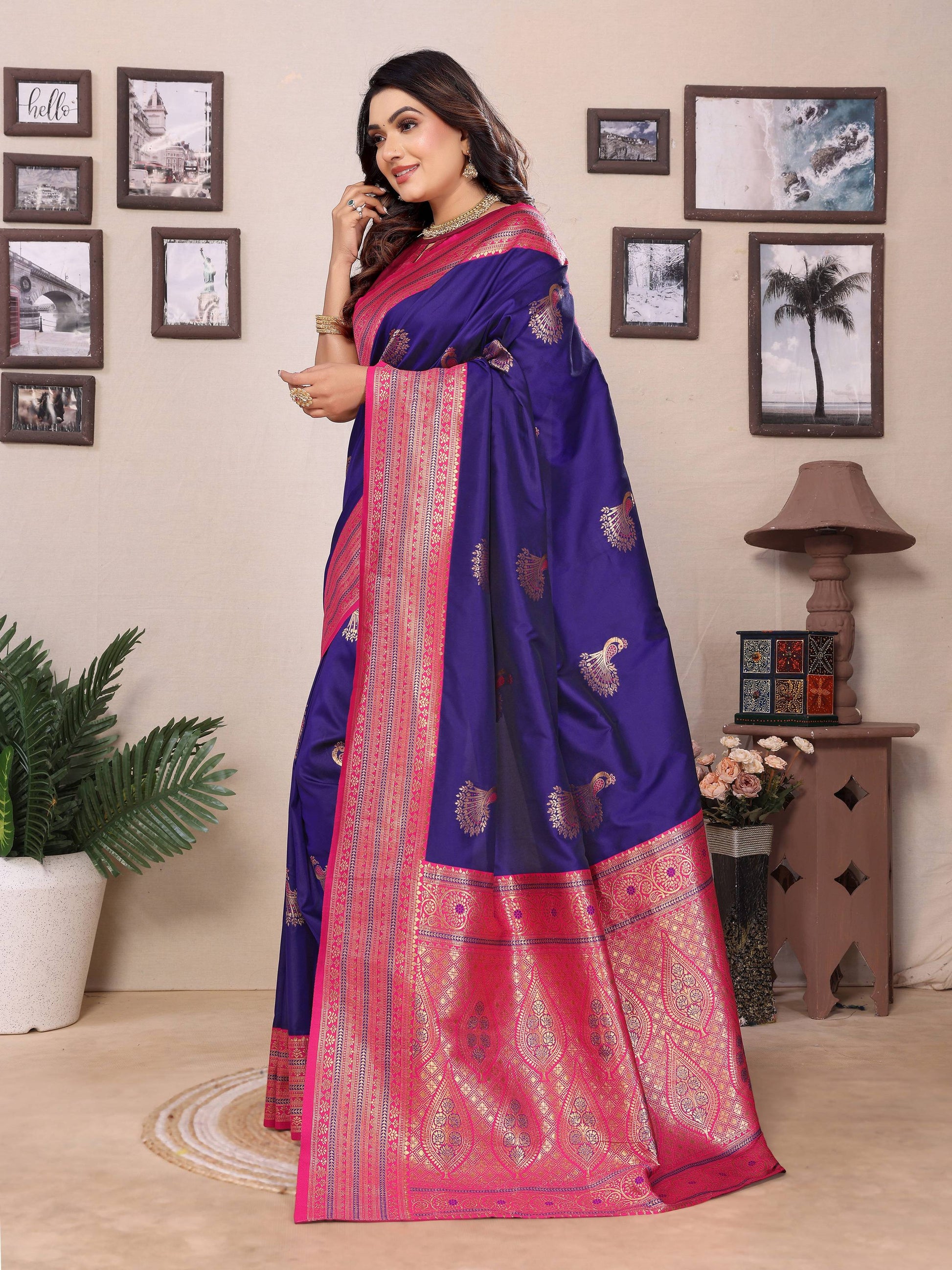 Sonakshi Women's Royal Blue Banarasi Silk Zari Woven Traditional Saree with Blouse | Swadesiicart