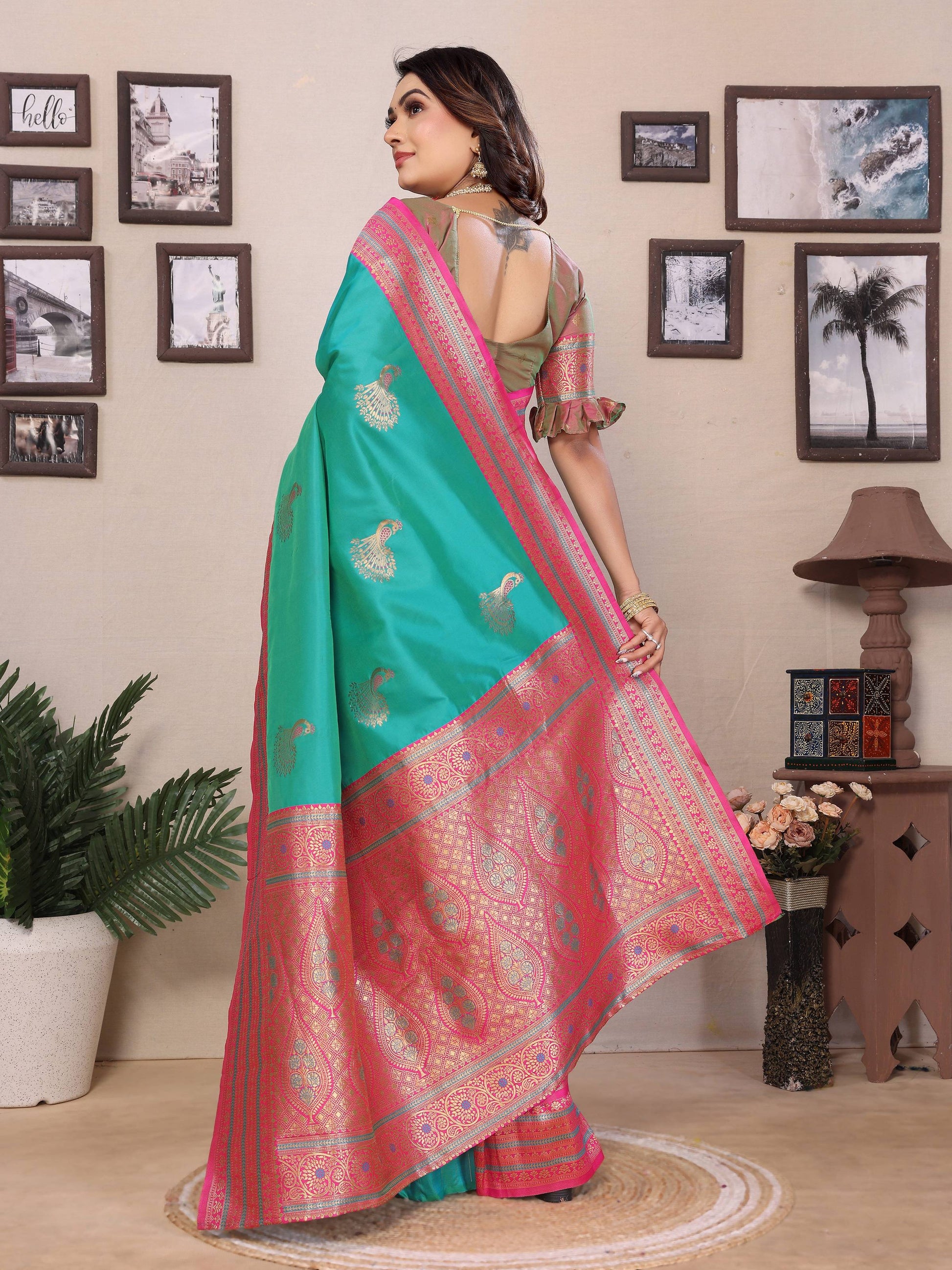 Sonakshi Women's Teal Banarasi Silk Zari Woven Traditional Saree with Blouse | Swadesiicart