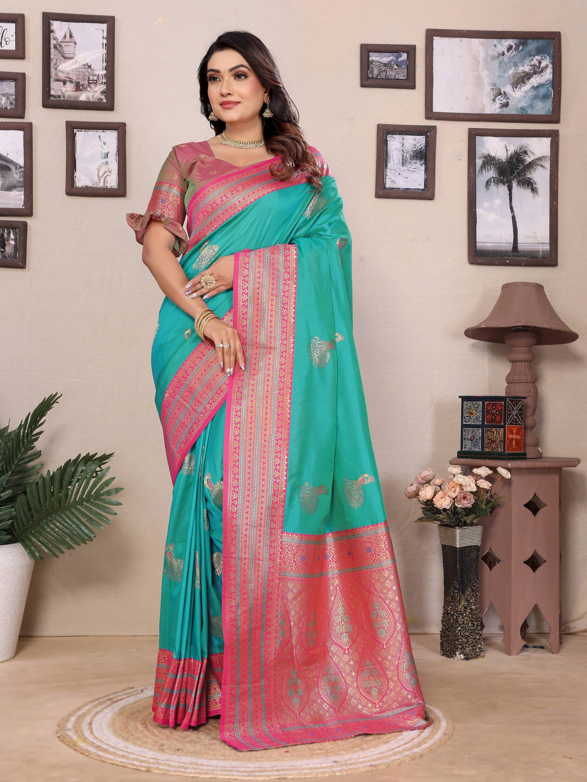 Sonakshi Women's Teal Banarasi Silk Zari Woven Traditional Saree with Blouse | Swadesiicart