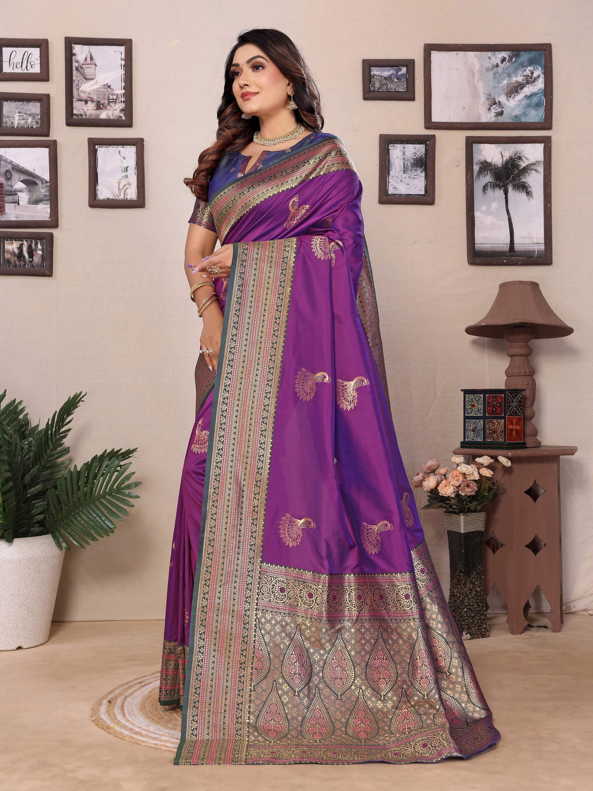 Sonakshi Women's Purple Banarasi Silk Zari Woven Traditional Saree with Blouse | Swadesiicart