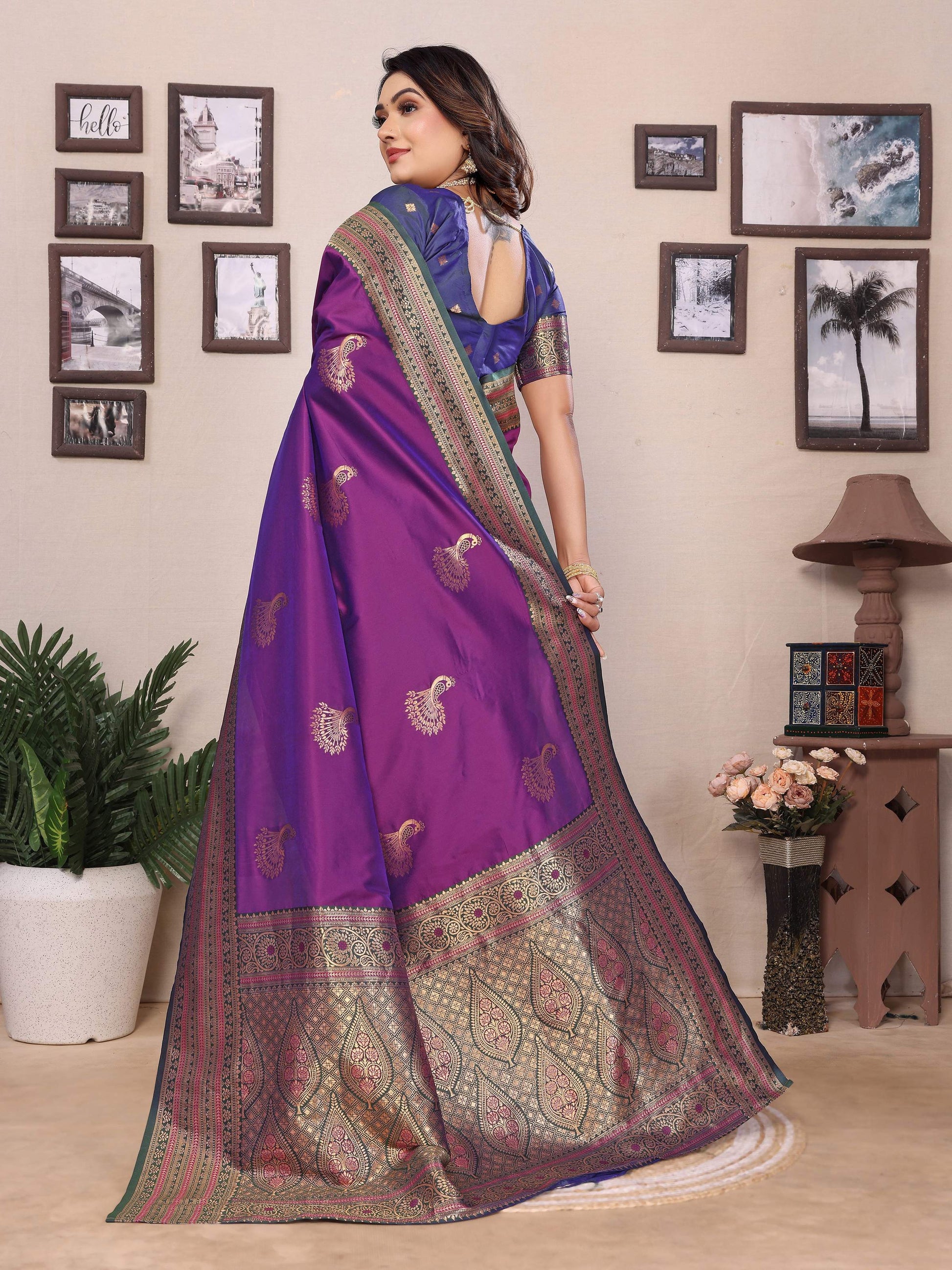 Sonakshi Women's Purple Banarasi Silk Zari Woven Traditional Saree with Blouse | Swadesiicart