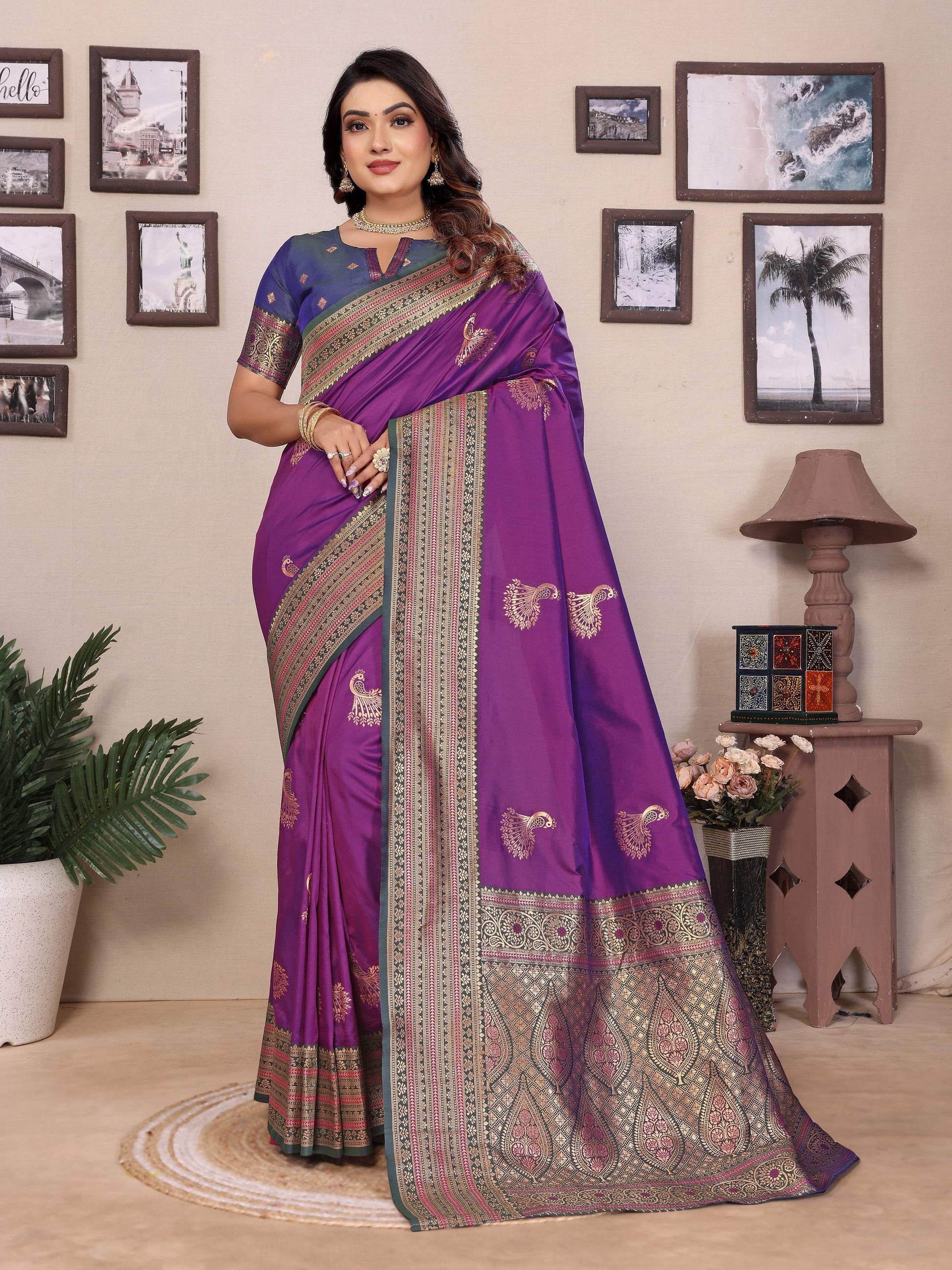 Sonakshi Women's Purple Banarasi Silk Zari Woven Traditional Saree with Blouse | Swadesiicart
