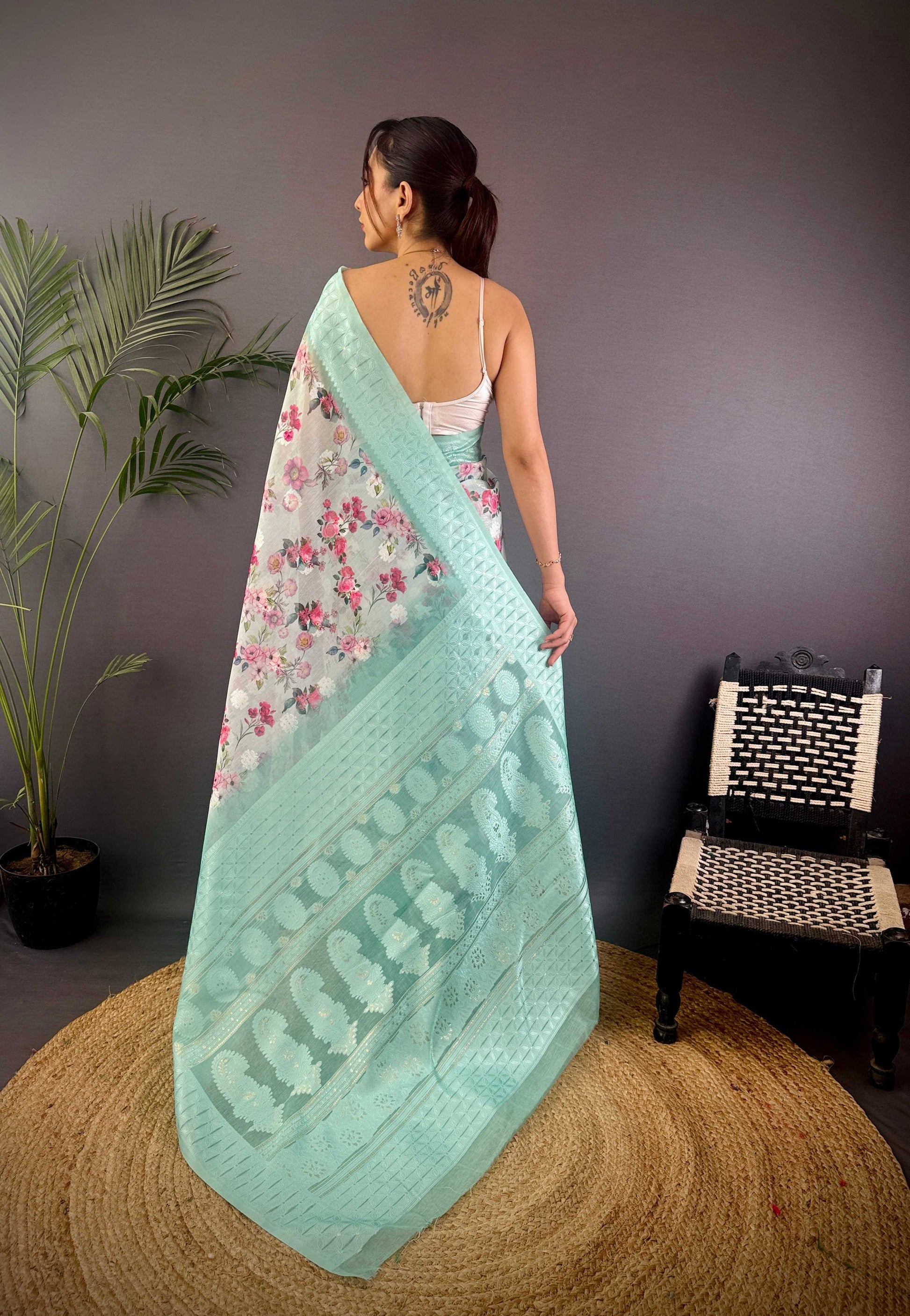 Sonakshi Women's Seagreen Blend Silk Jacquard Woven Traditional Saree with Blouse