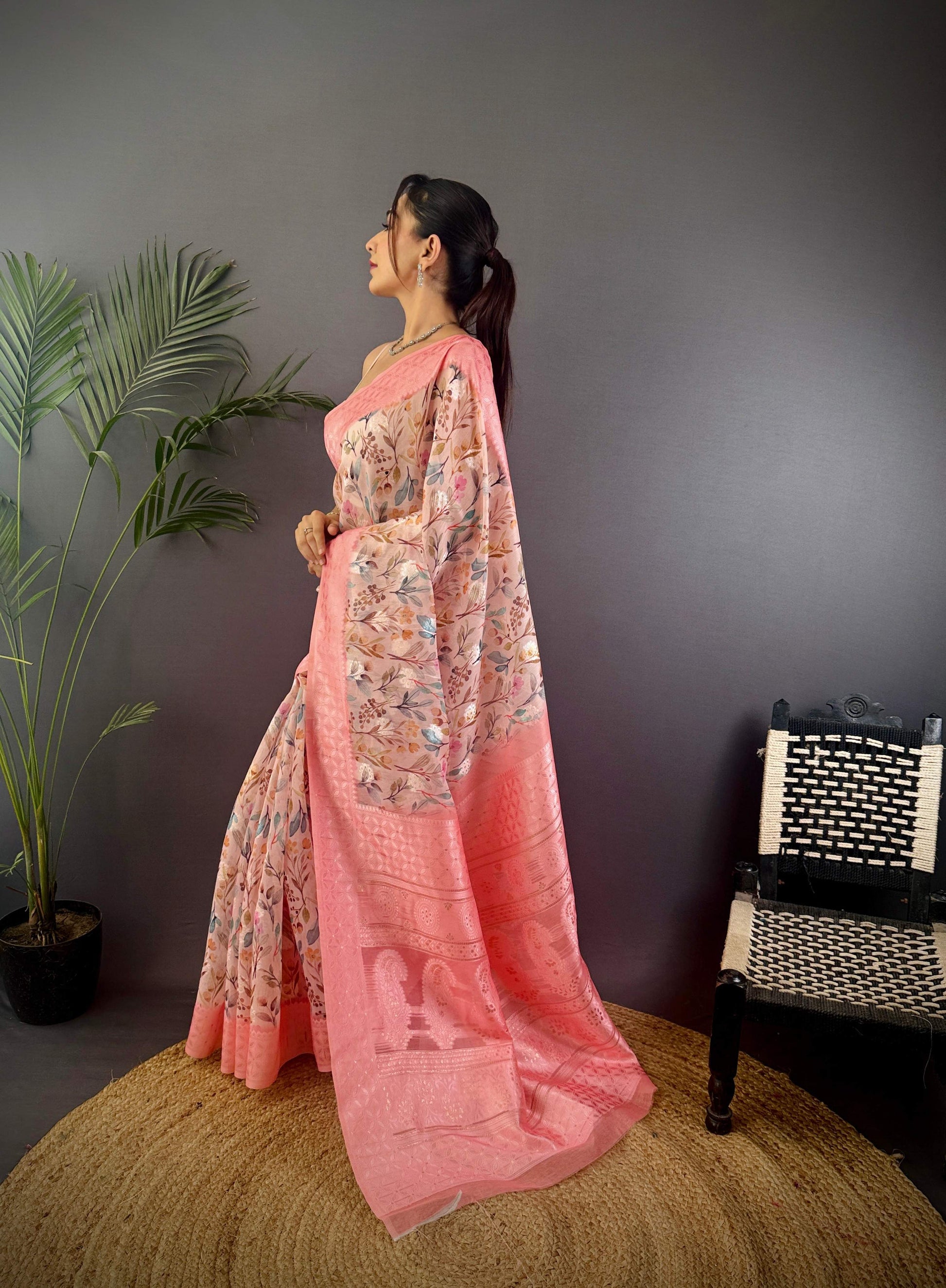 Sonakshi Women's Peach Blend Silk Jacquard Woven Traditional Saree with Blouse