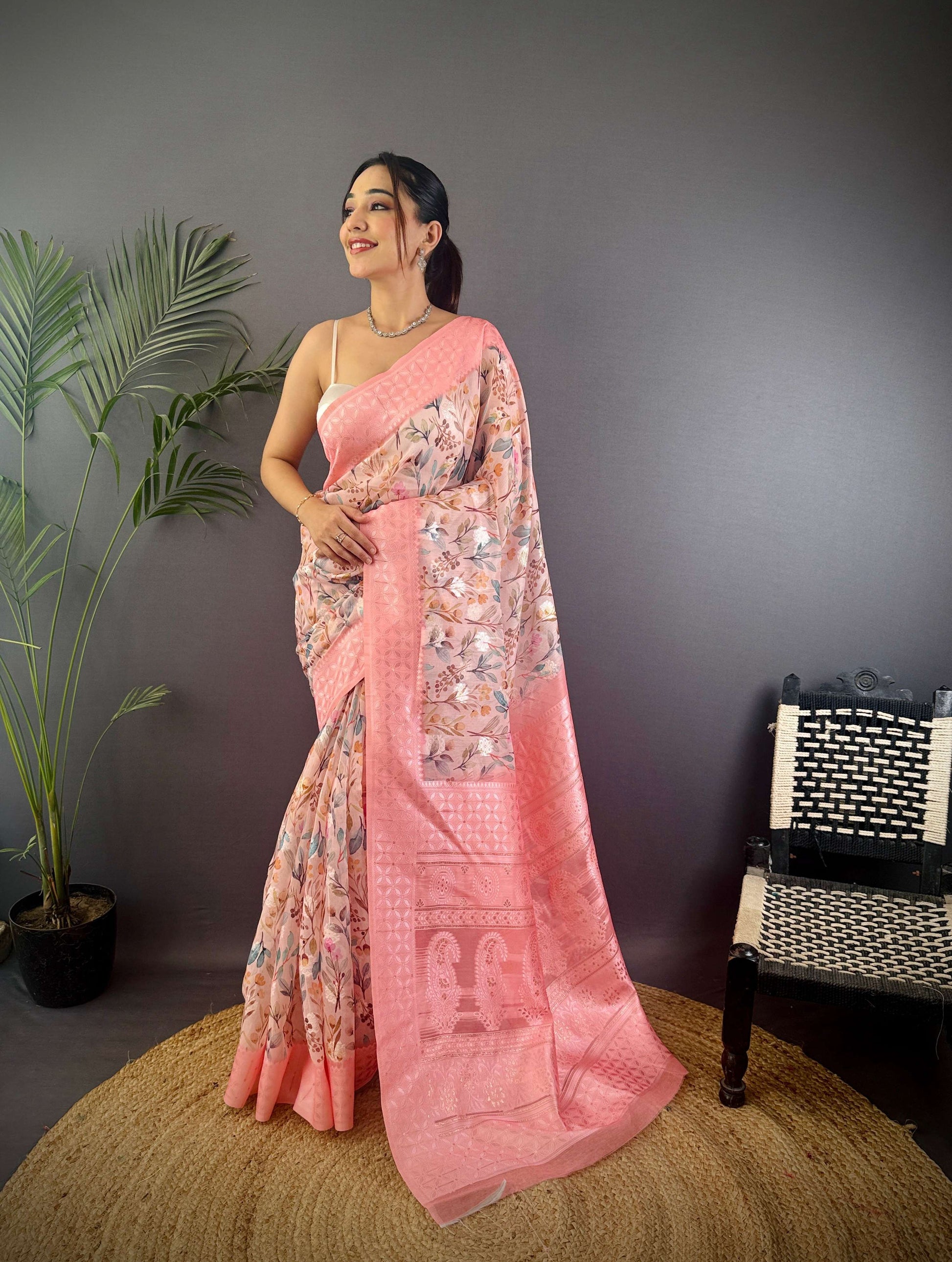 Sonakshi Women's Peach Blend Silk Jacquard Woven Traditional Saree with Blouse