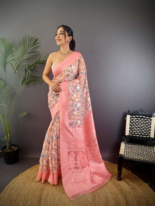 Sonakshi Women's Peach Blend Silk Jacquard Woven Traditional Saree with Blouse