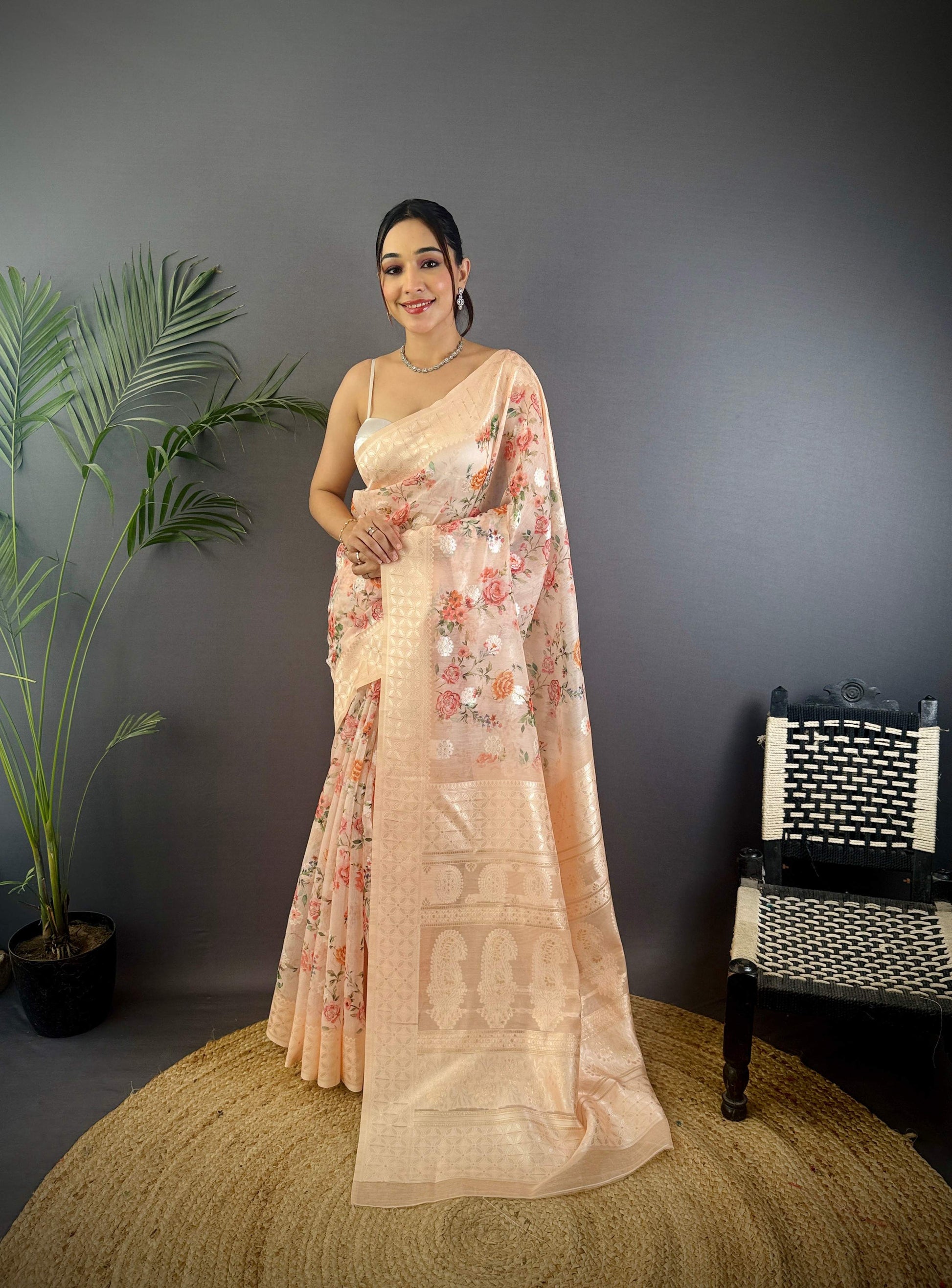 Sonakshi Women's Beige Blend Silk Jacquard Woven Traditional Saree with Blouse