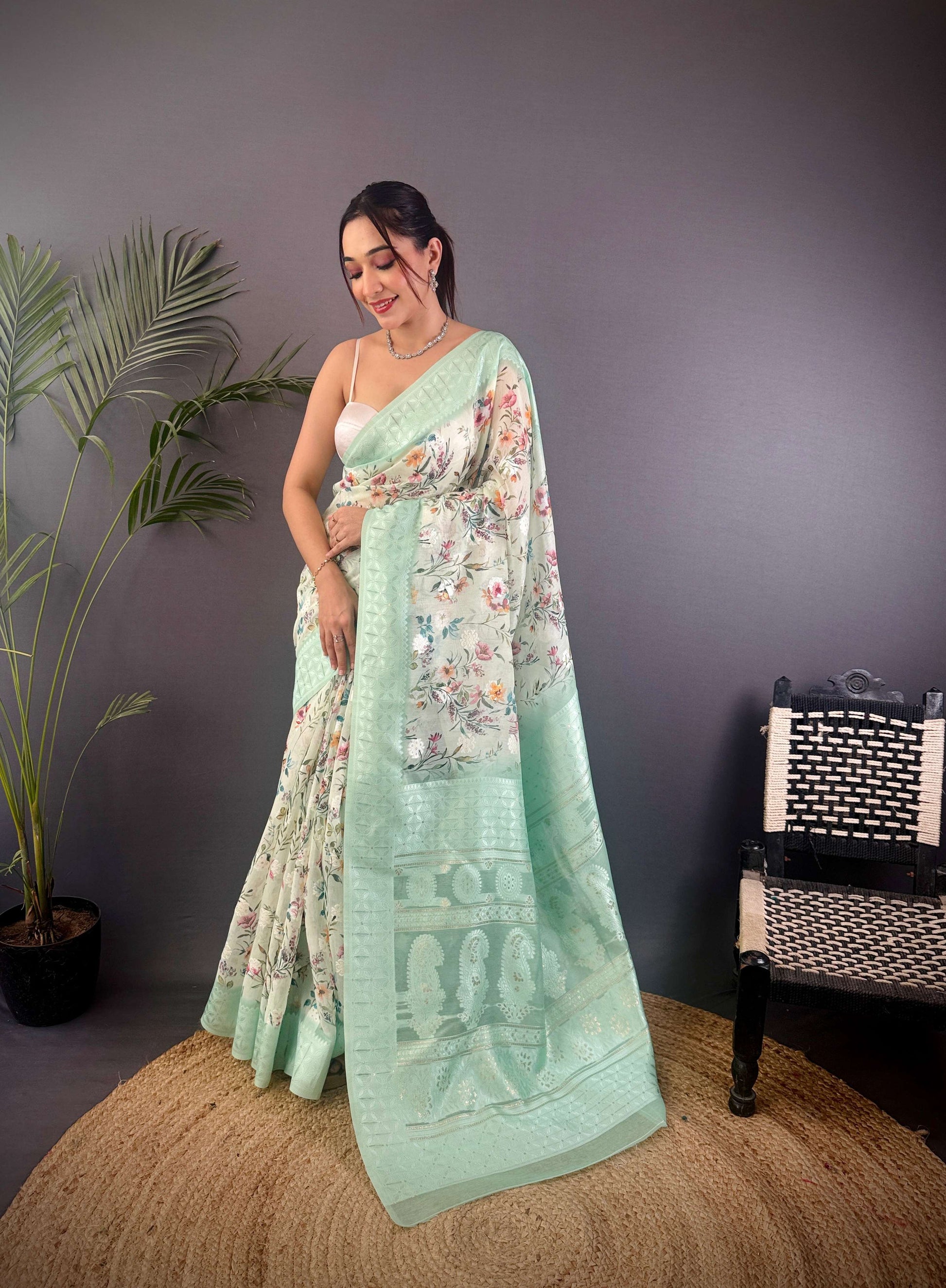 Sonakshi Women's Sky Blend Silk Jacquard Woven Traditional Saree with Blouse