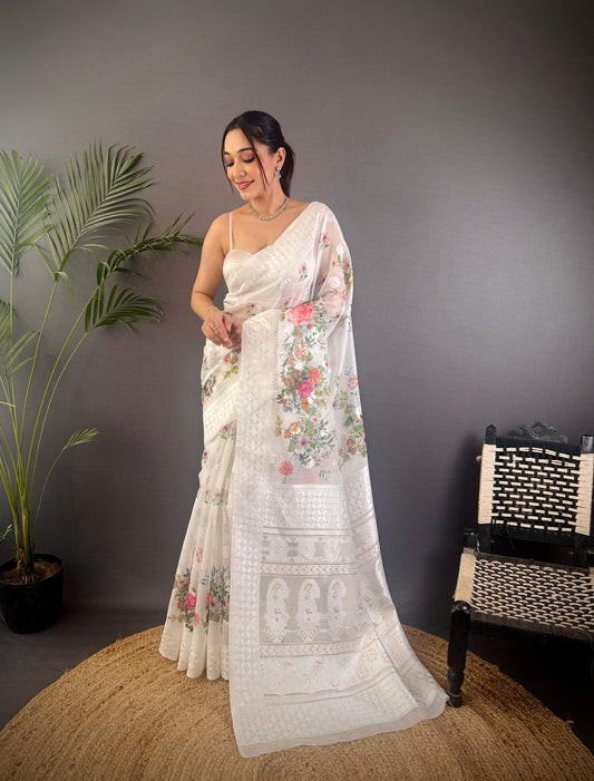 Sonakshi Women's White Blend Silk Jacquard Woven Traditional Saree with Blouse