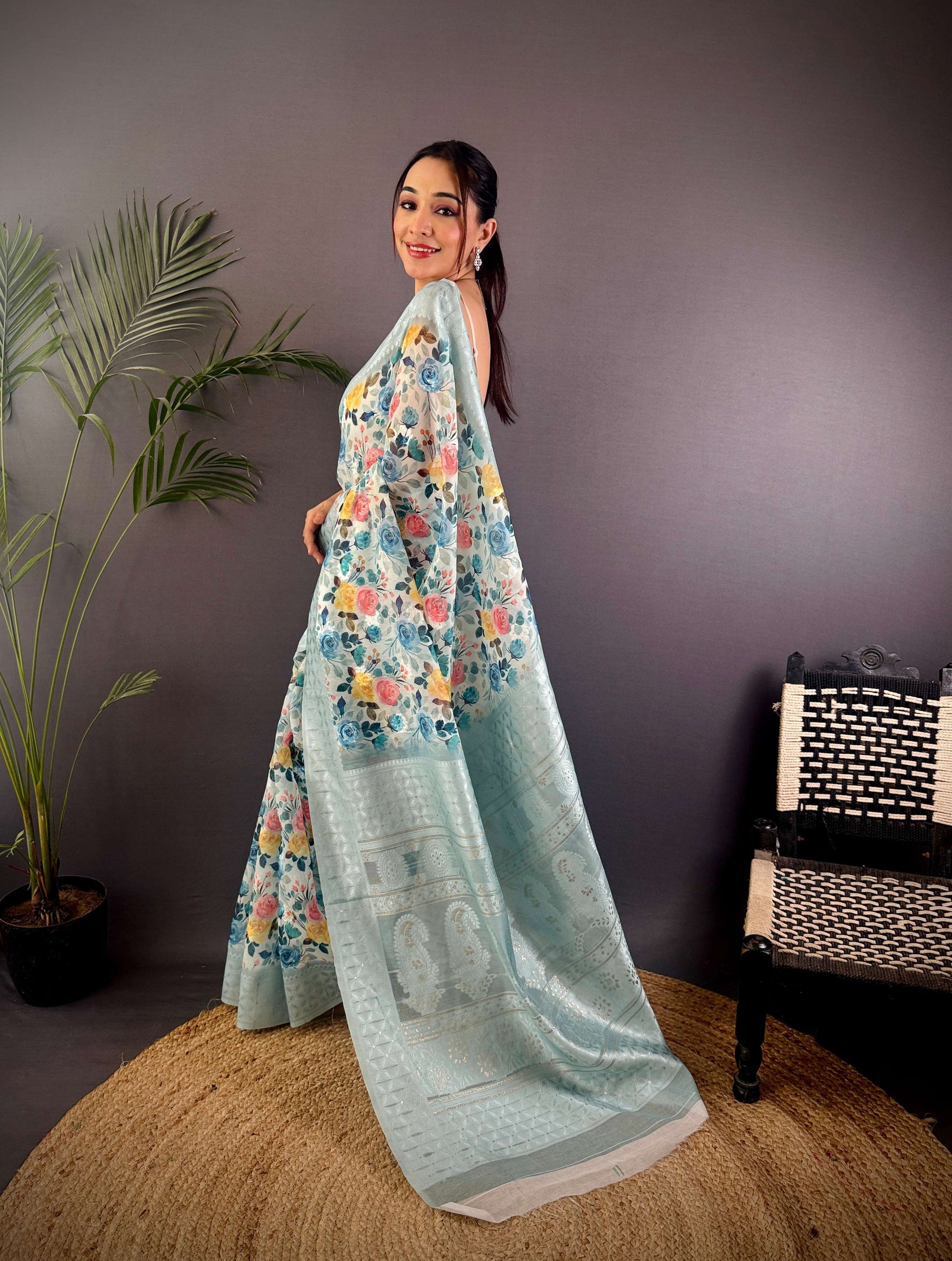 Sonakshi Women's Sky Blend Silk Jacquard Woven Traditional Saree with Blouse
