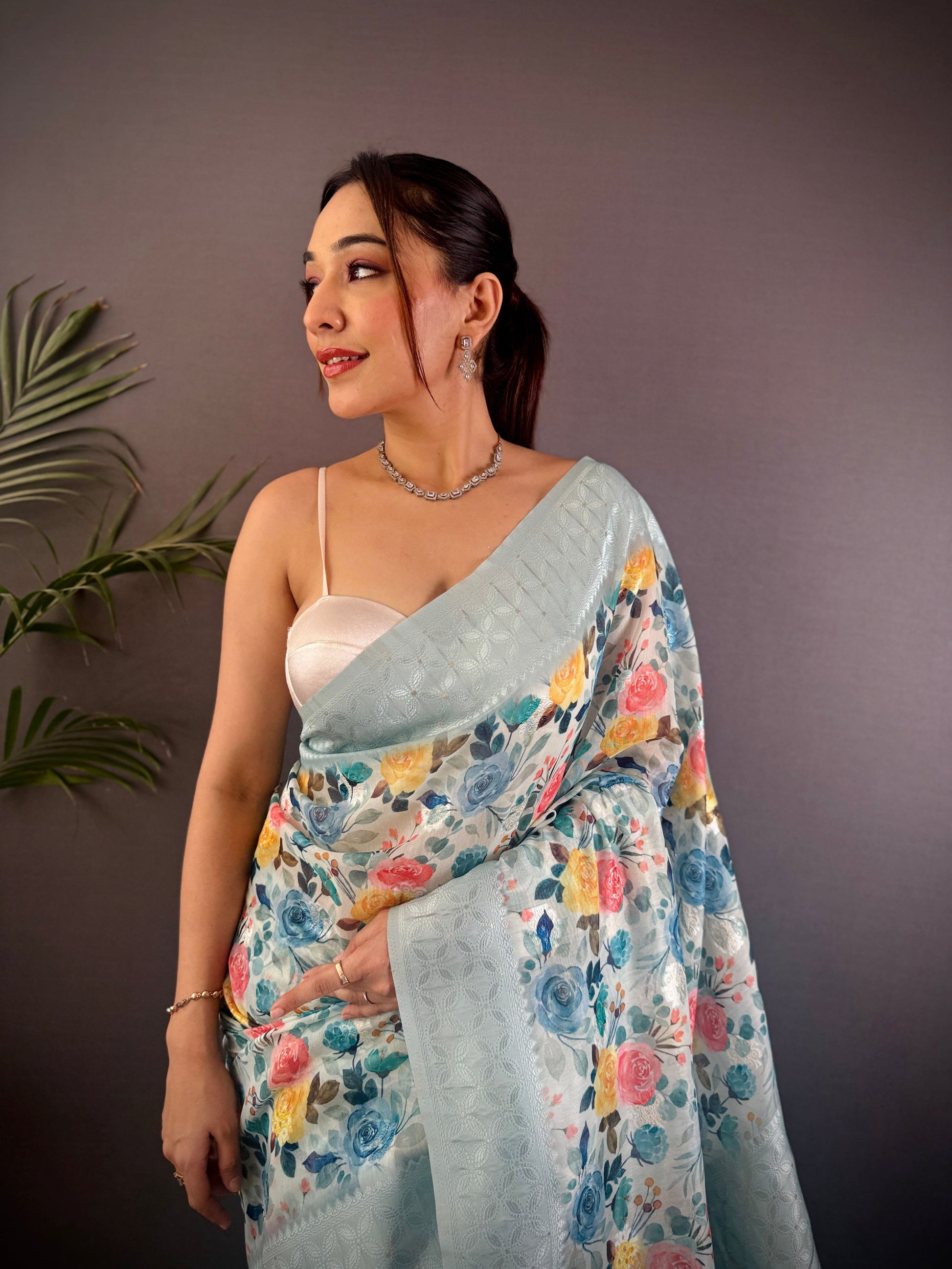 Sonakshi Women's Sky Blend Silk Jacquard Woven Traditional Saree with Blouse